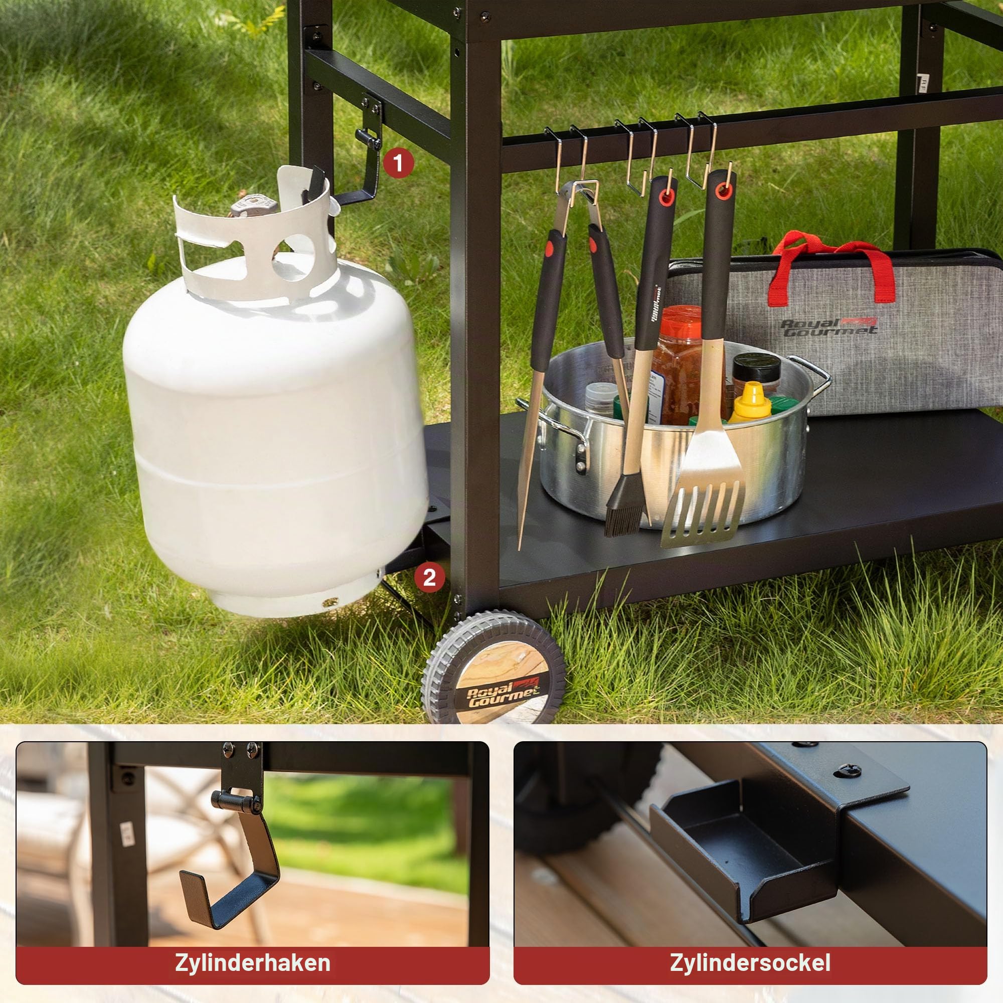 Royal Gourmet Grillwagen Grilltisch Outdoor Beistelltisch Garten Trolley Outdoorküche Multifunktioneller Arbeitstisch Werkbank für Outdoor BBQ Servierwagen Arbeitsplatte 85x50 cm