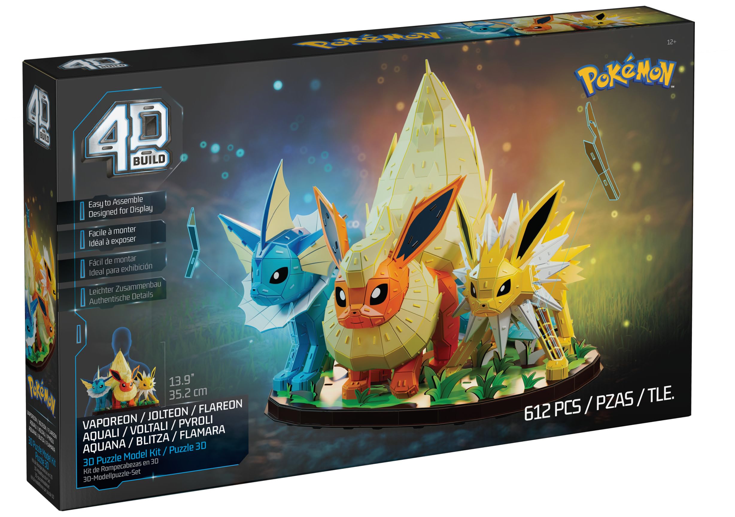 4D Build, Kit di modellismo 3D del Trio di evoluzioni di Pokémon Eevee con Vaporeon, Flareon e Jolteon, Personaggio Pokémon, Decorazione da scrivania, 612 Pezzi, dai 12 Anni in su