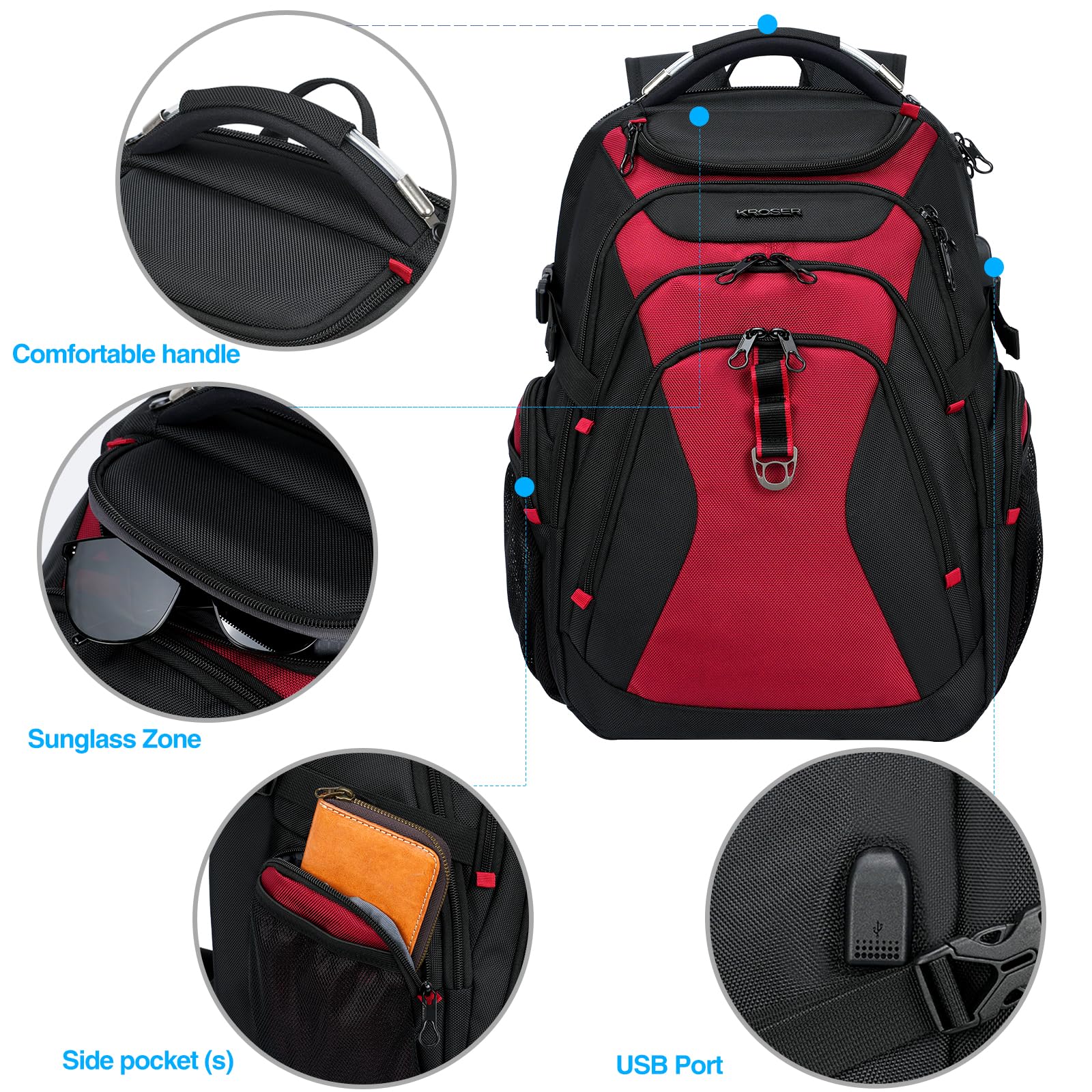 KROSER Plecak podróżny na laptopa, Czarny/Czerwony-17,3, 17.3 inch, Nowoczesny