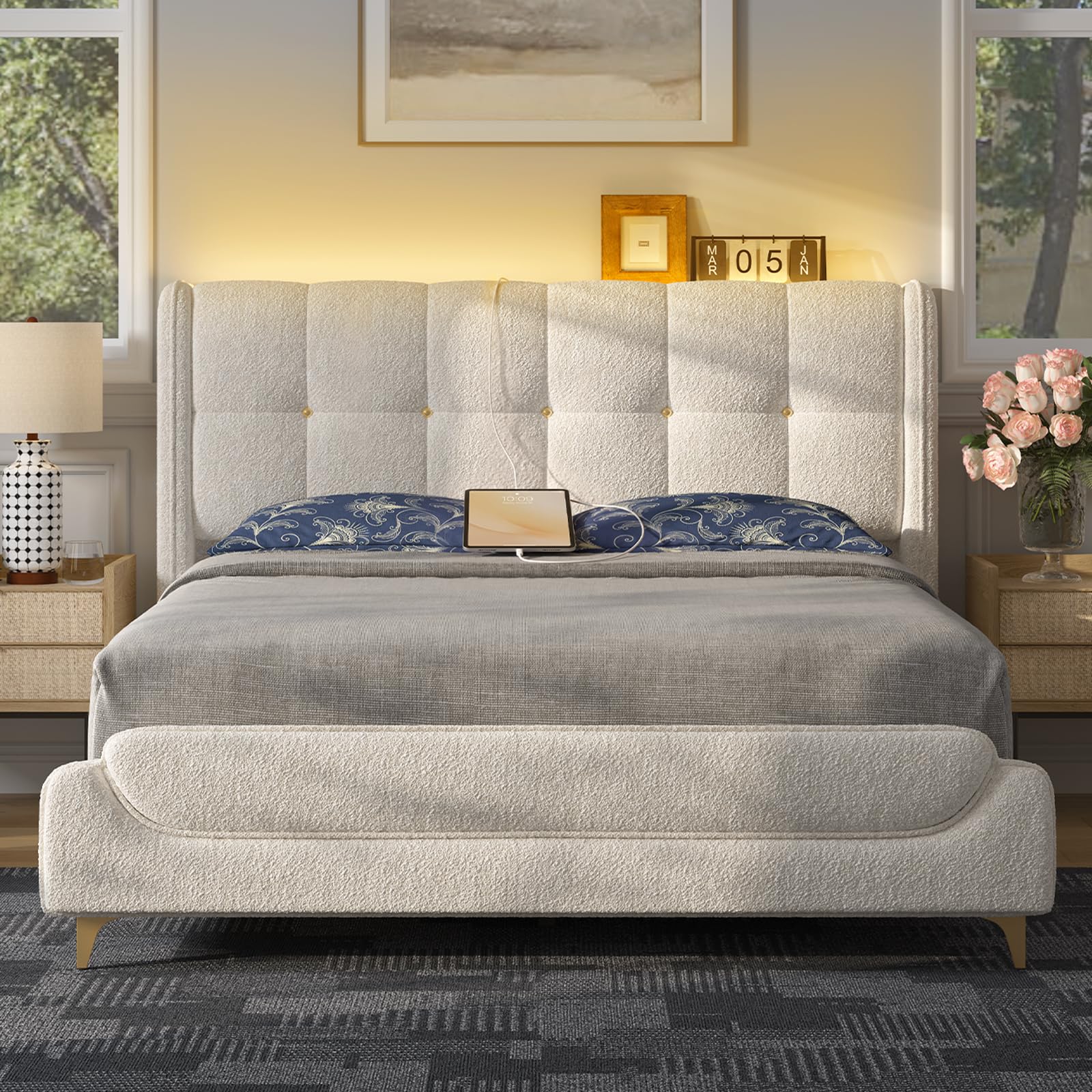 Photo 1 of ***BOX 2/2***Novilla Queen Bed Frame with Charging Station & LED Lights, Upholstered French Luxury Platform Bed with Wingback Headboard, Lamb Wool Fabric, No Box Spring Needed, Easy Assembly, Cream White