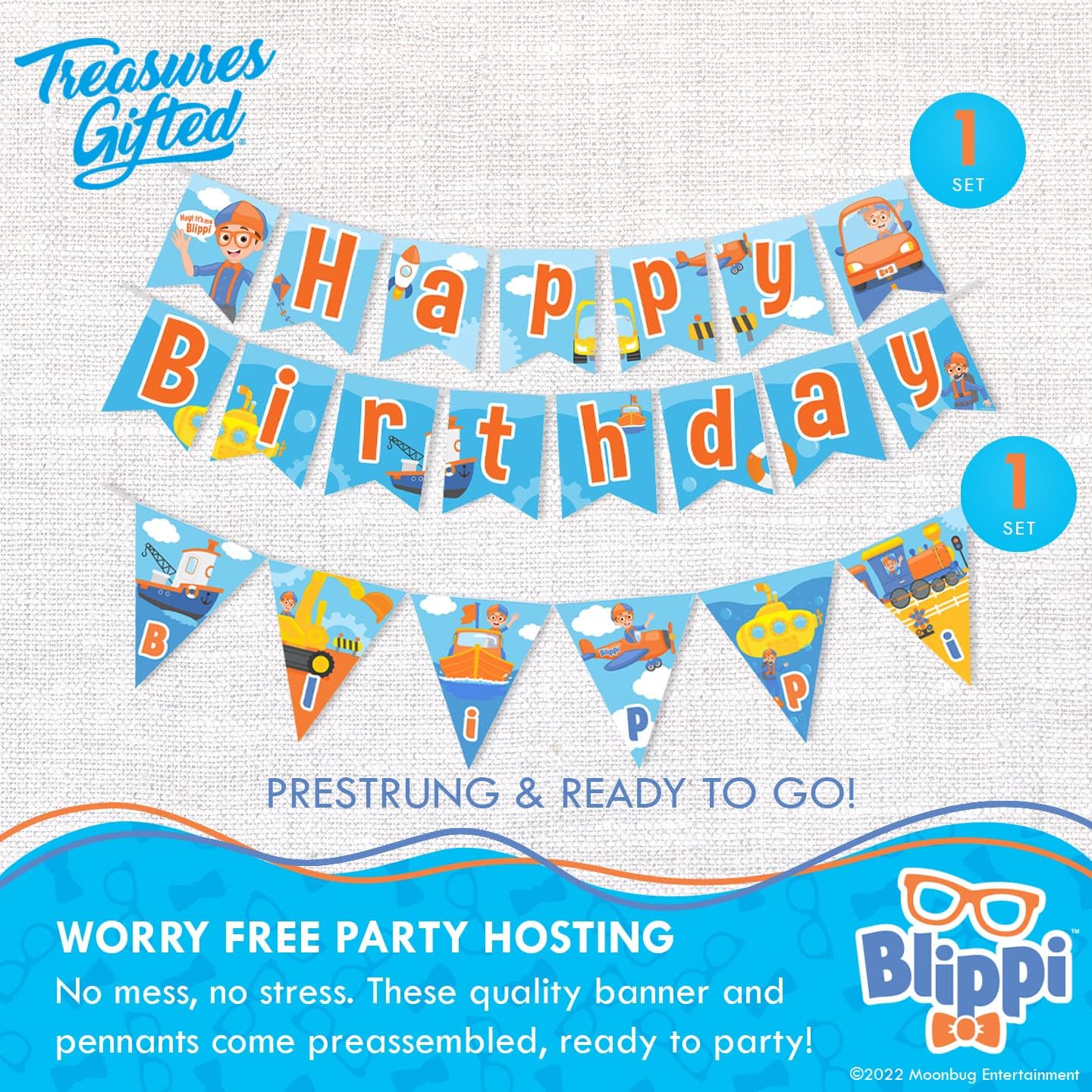 Treasures Gifted Officially Licensed Blippi Birthday Party Supplies - Serves 24 Guests - Ultimate Set Party Supplies - Blippi Birthday Decorations - Dinnerware Set, Cake Topper, Banners & More