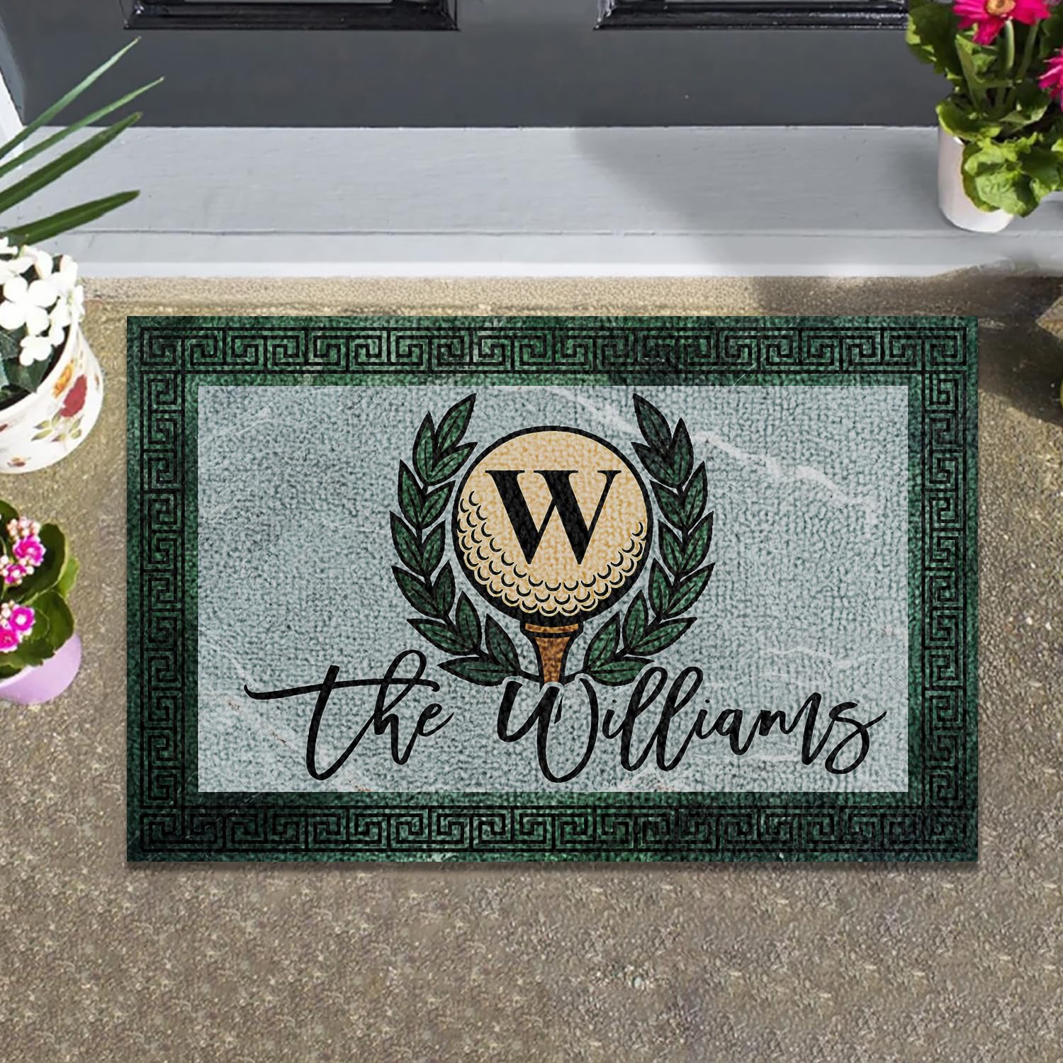 CSKIS Personalized Golf Doormat with Monogram Initial – Custom Family Name Rug with Laurel Wreath &amp; Marble Background – Non Slip Outdoor Entry Mat for Porch, Golf Club, or Man Cave Decor