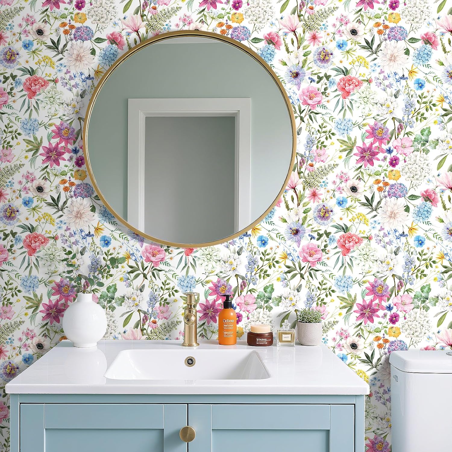 ReWallpaper 15.8inx23ft Pastel Pink Blue Floral Peel and Stick Wallpaper Cottage Core Peony Lily Daisy Poppy Flowers Self Adhesvie Wall Covering for Girls Room Living Room Bedroom Laundry Room Accent