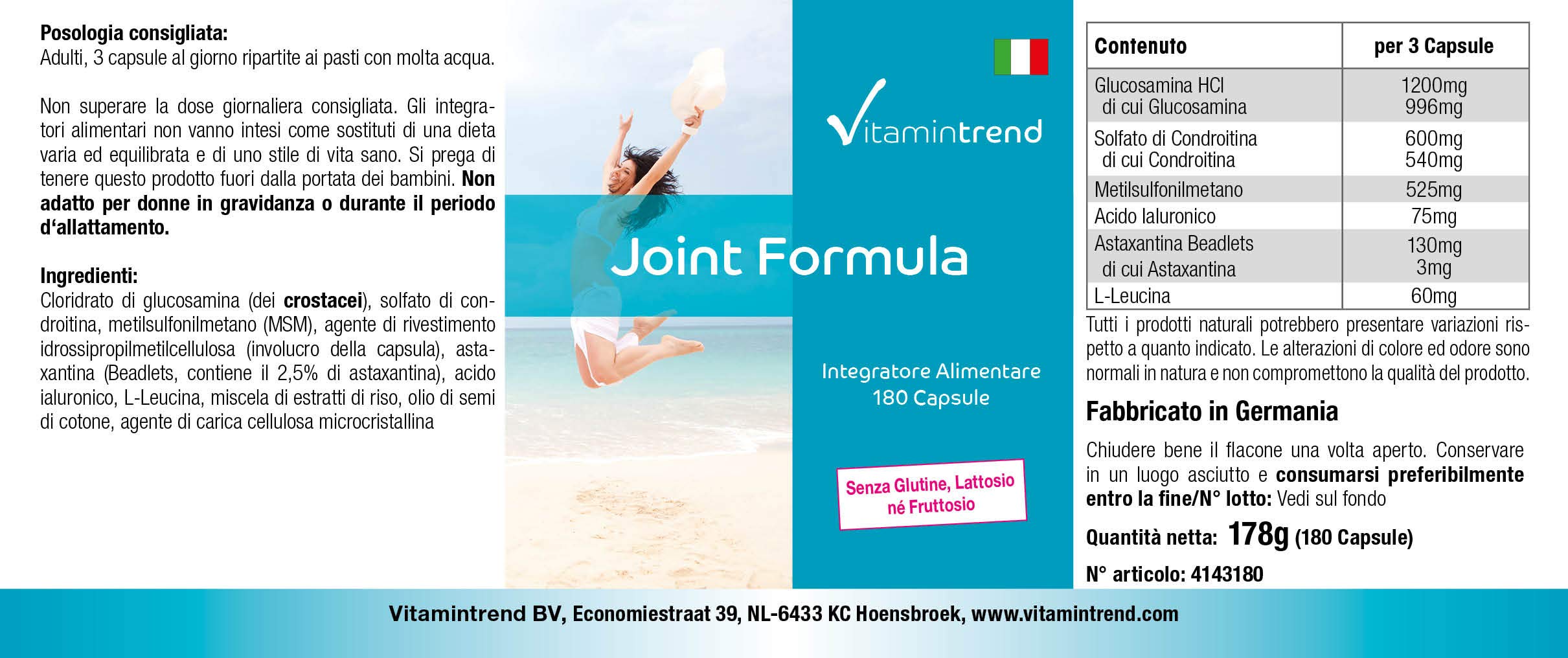 Vitamintrend Joint Formula Gélules pour les articulations, 180 gélules, avec glucosamine, chondroïtine, MSM, acide hyaluronique et astaxanthine, complément alimentaire, fabriqué en Allemagne