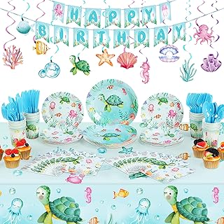 189 Pcs Sea Turtle Birthday Decorations Ocean Sea Party Tableware Turtle Plates Napkins with Sea Animal Cups Tablecloth Hanging Swirl for Under the Sea Baby Shower Turtle Pool Party Supplies