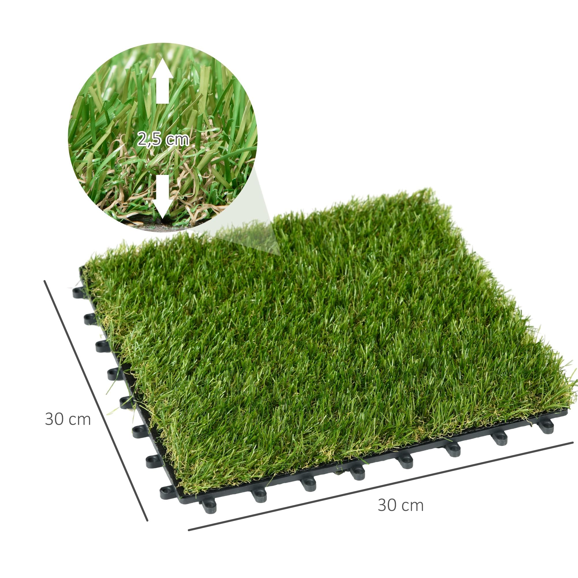 Outsunny Gazon synthétique Artificiel Set de 10 Dalles Carreaux 30 x 30 cm épaisseur Confort 3,5 cm à emboîter Vert