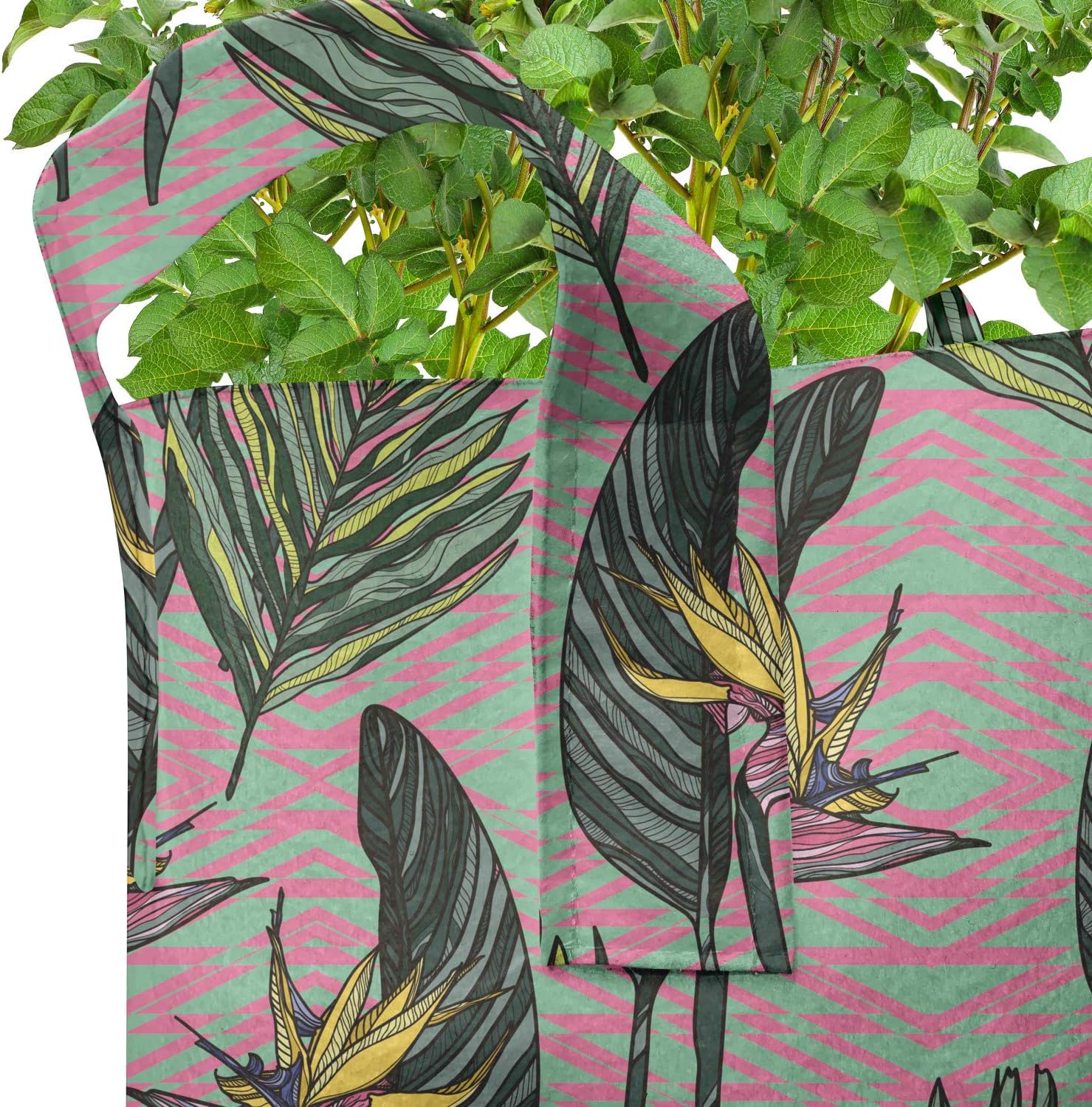 Ambesonne Tropical Grow Bags 5-Pack, Tropic Bird of Paradise, Heavyduty Fabric Pots with Handles for Plants, Pink Forest Green Seafoam