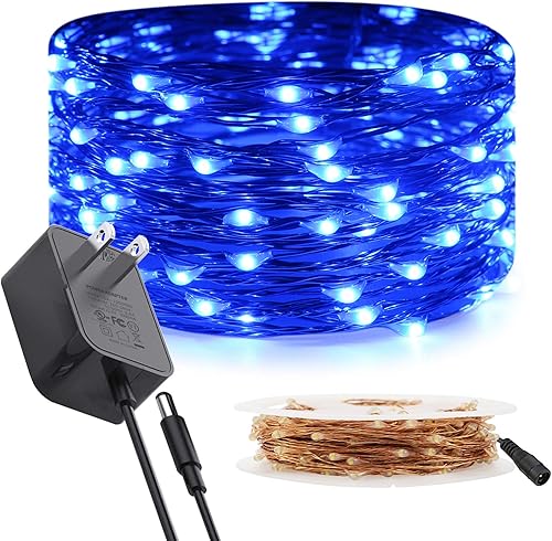 RUICHEN Guirnalda de luces de alambre de cobre enchufable de 33 pies, 100 luces LED con carrete, color azul