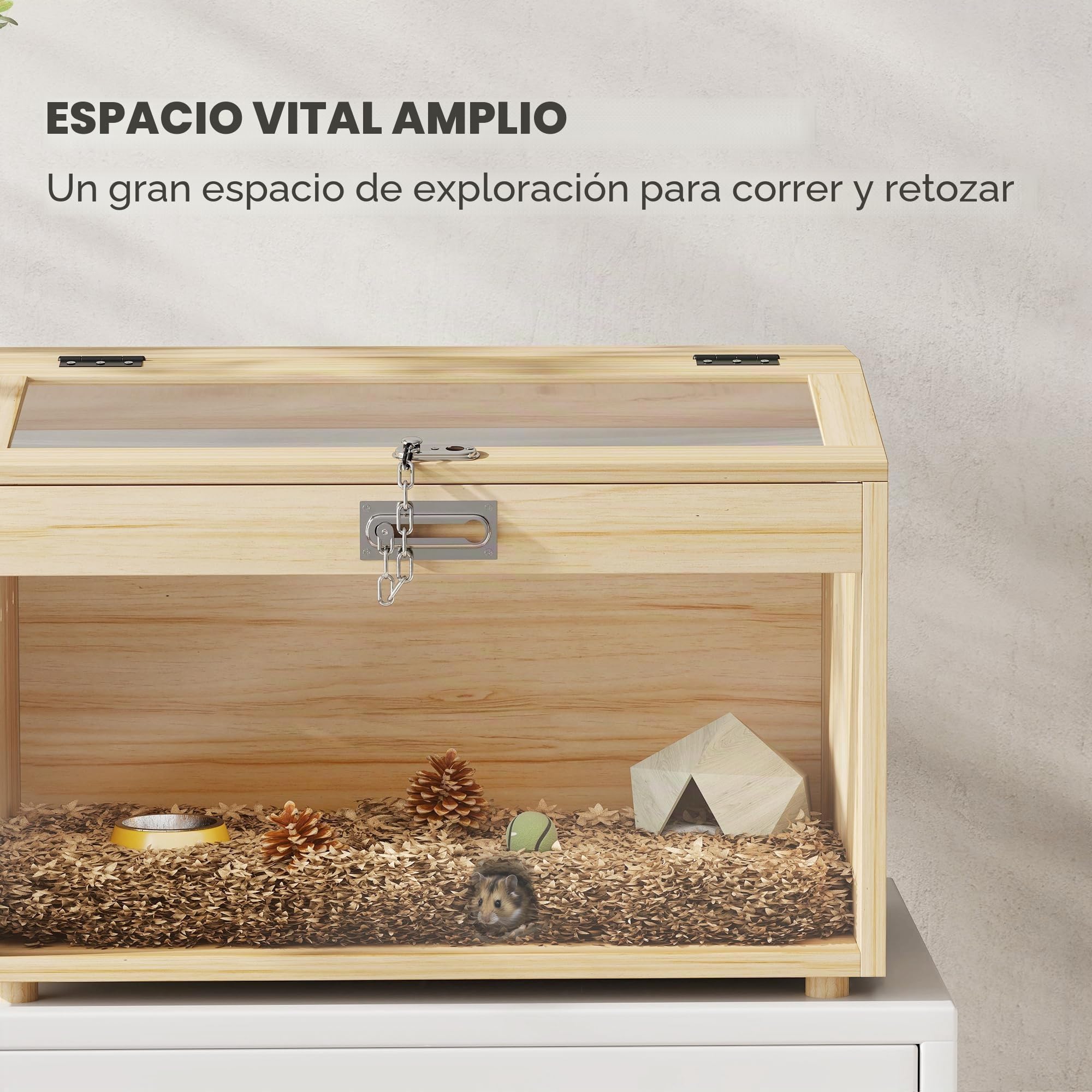 PawHut - Jaula para hámster de Madera, Jaula para ratón con Tapa Abierta, Ventana de acrílico y Agujeros de ventilación para hámsters Enanos y jerbos, 55 x 35 x 35 cm, Efecto Madera Natural