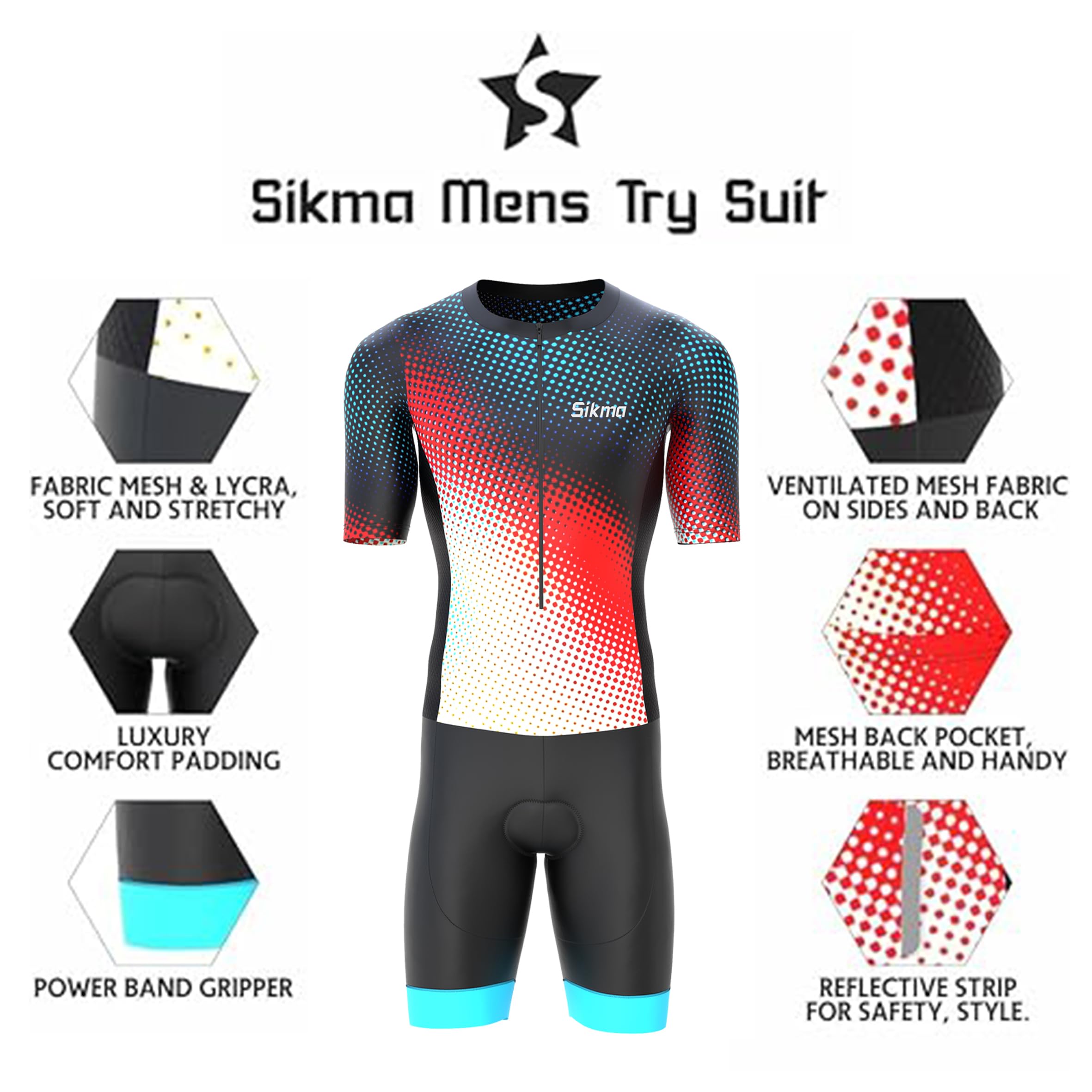 Sikma Combinaison de triathlon à manches mi-longues pour homme en maille respirante rembourrée avec réflexion haute visibilité, une poche arrière et bande élastique pour les jambes