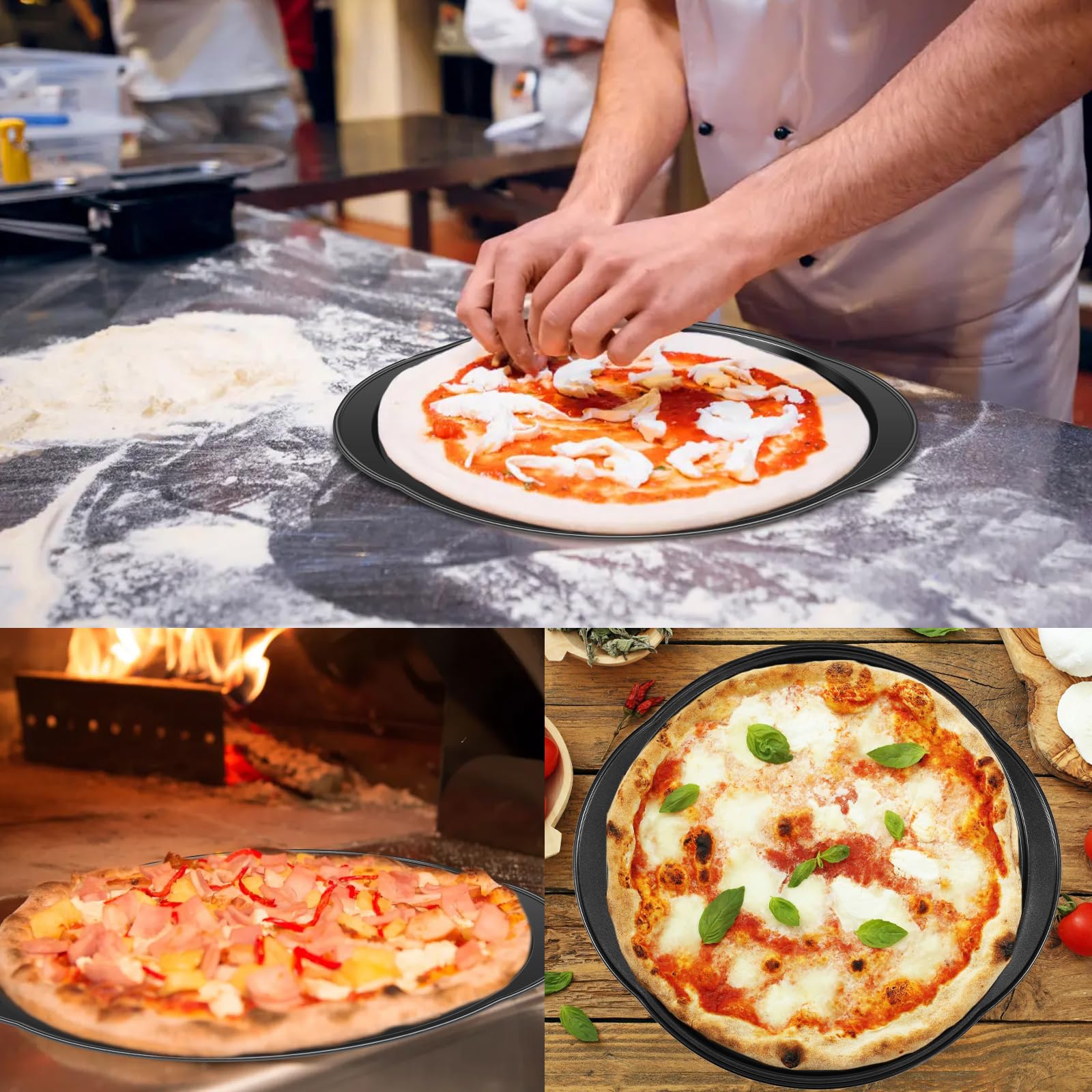 2 sartenes para pizza con agujeros, bandeja redonda de pizza de 14 pulgadas para horno, bandeja para hornear pizza de acero al carbono antiadherente, bandeja para hornear pizza con asas, para el 4