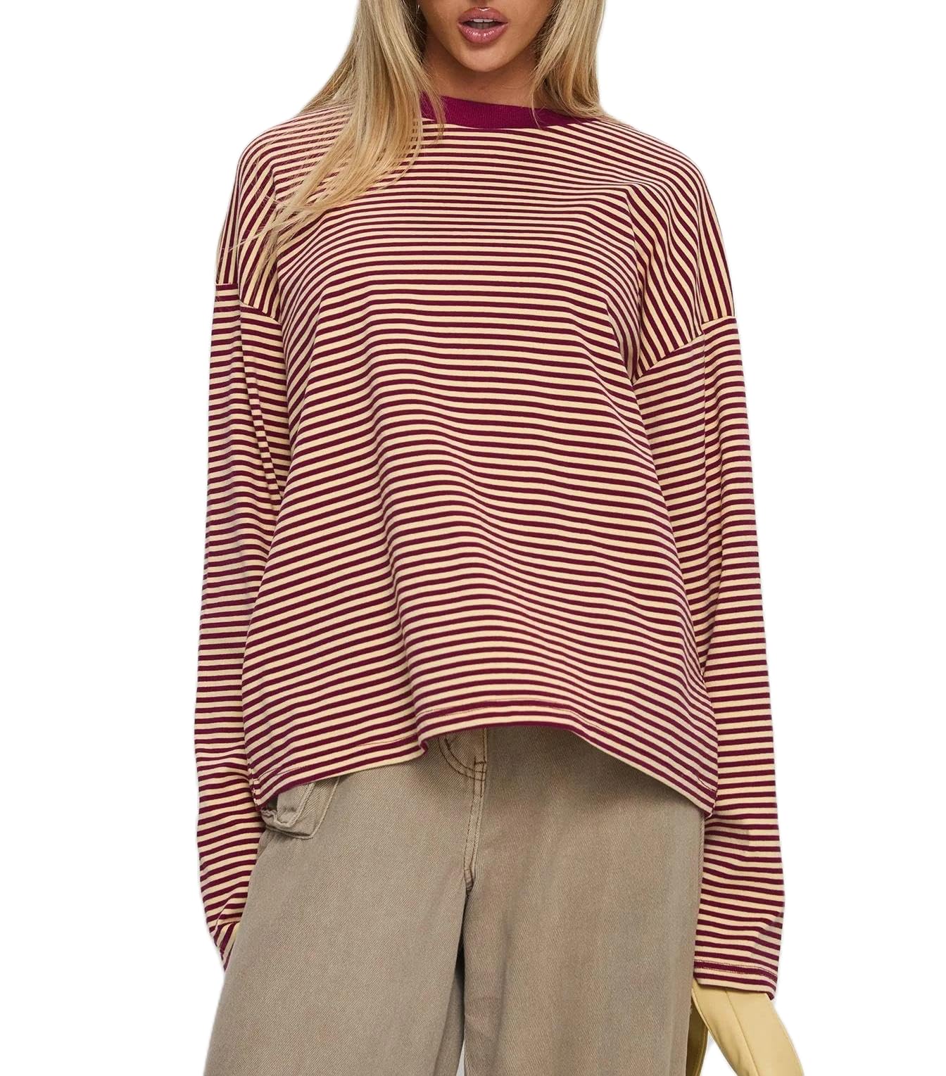 Striped Long Sleeve Shirt Women Teen Girl Y2k Oversize Crewneck Vintage Top-image-31