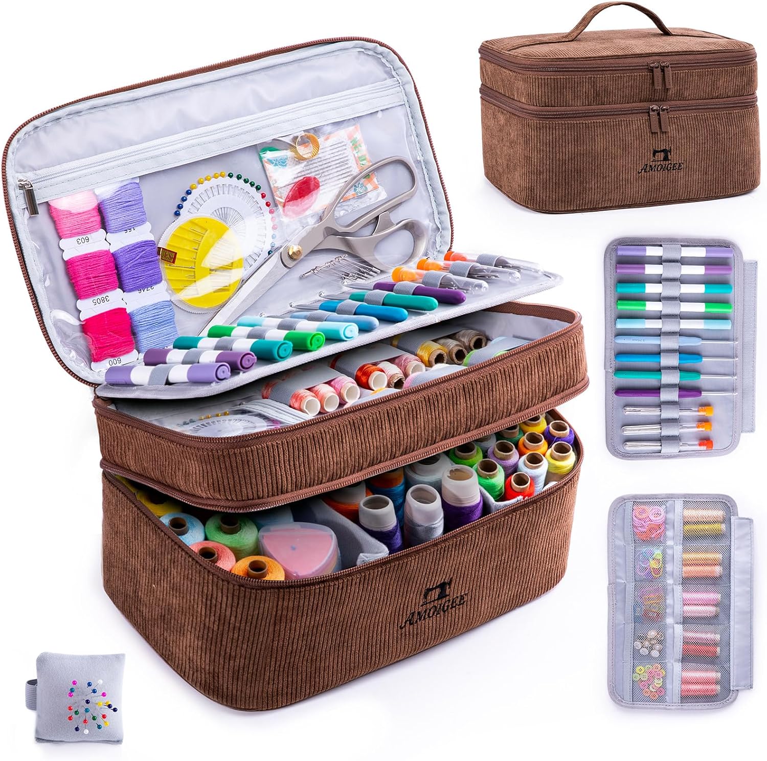 AMOIGEE Double-Layer Sewing Accessories Organizer with Pin Cushion – Large Sewing Storage Bag for Thread, Notions & Tools – Portable Travel Sewing Tote for Quilting, Embroidery & Crafts Gift (BagOnly)