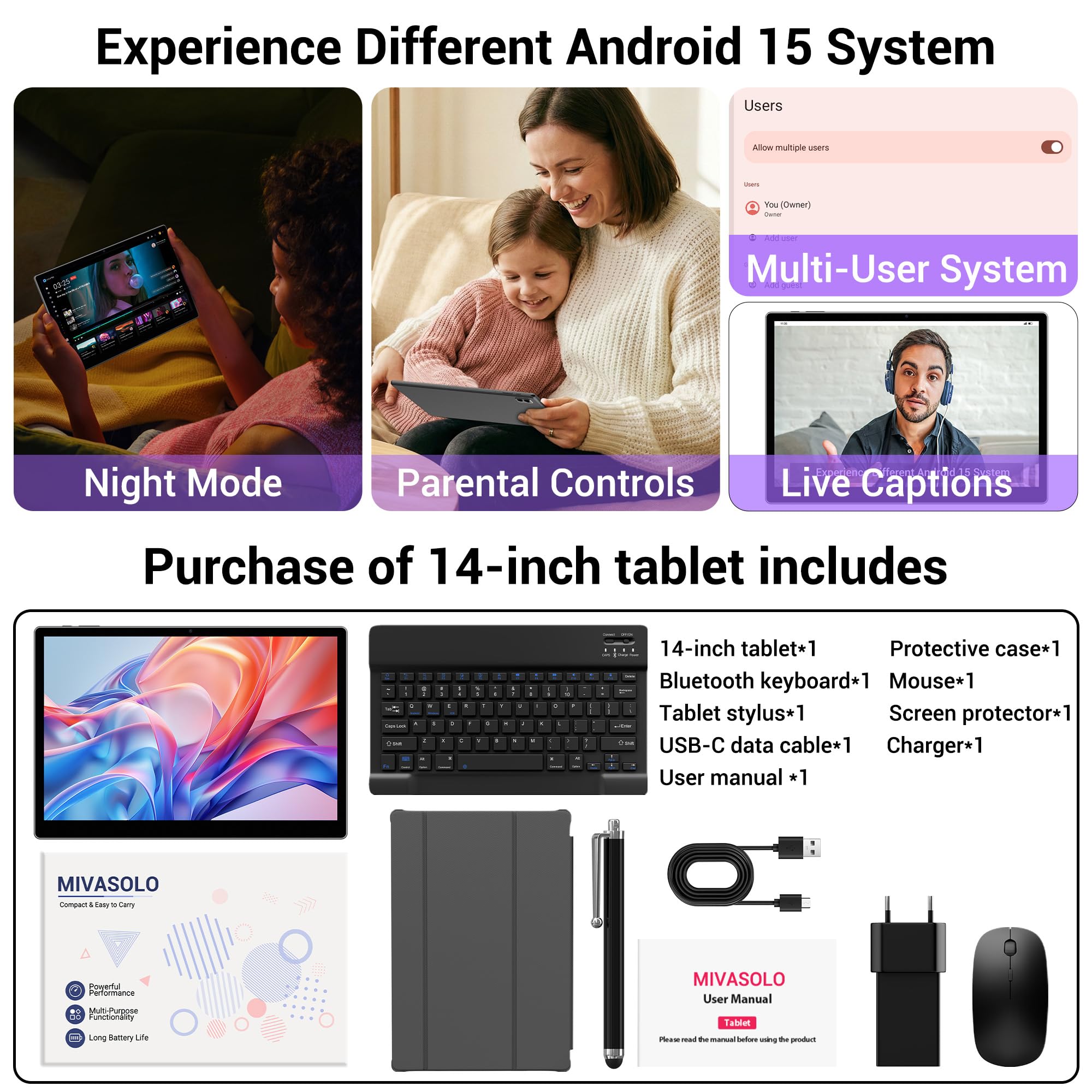 Tablet 14 Pollici Android 15 Tablet 5G WiFi,Octa-Core 2.0Ghz,36GB RAM+512GB ROM/11580mAh/Face Unlock/OTG/GPS-Tablets in Offerta con Tastiera e Mouse,Grigio