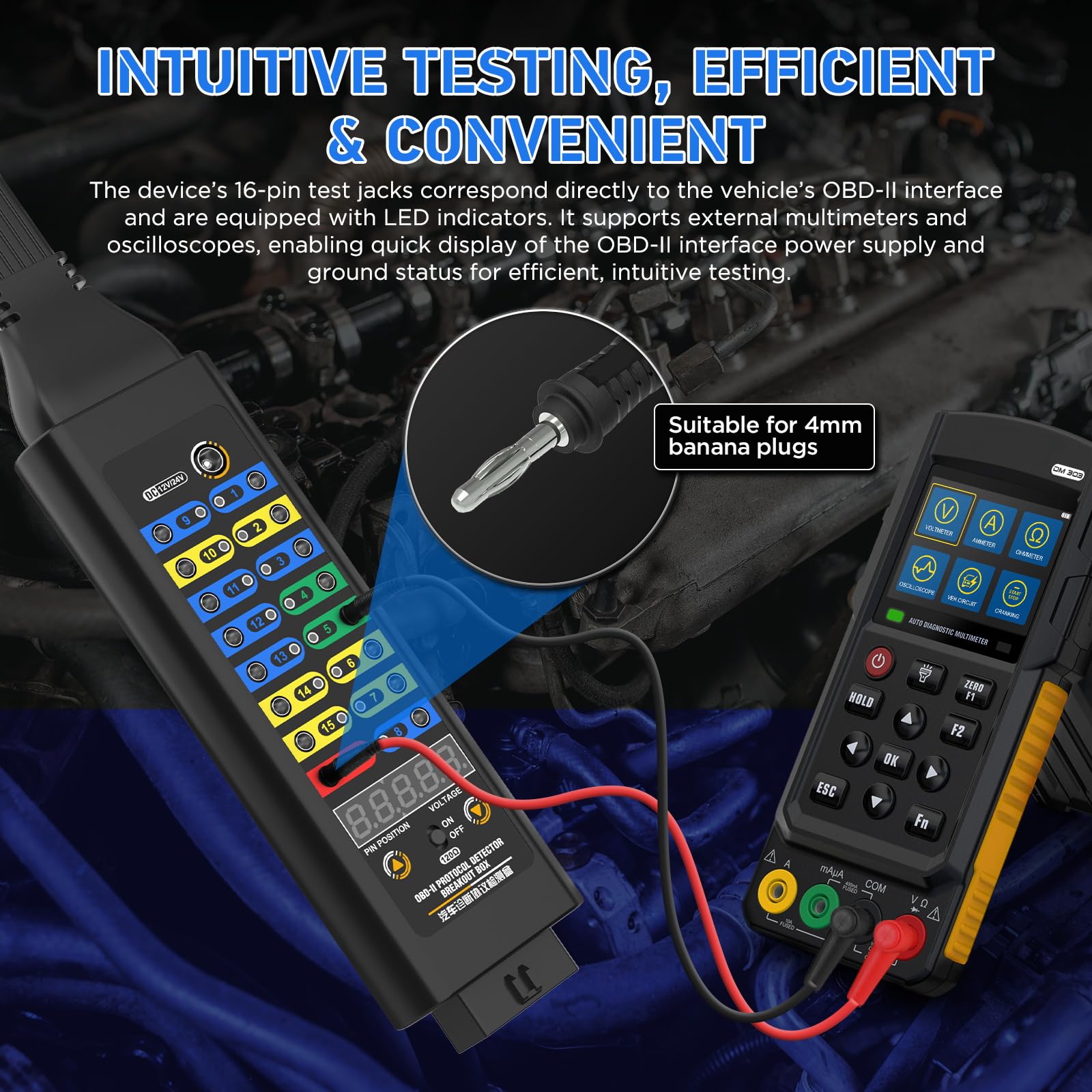 OBD2 Breakout Box detektor protokołu (model wysokiej jakości), kompatybilny z 12 V/24 V, rezystor 120 Ω w szeregu, narzędzie do diagnostyki błędów ze wskaźnikiem napięcia OBD i LED