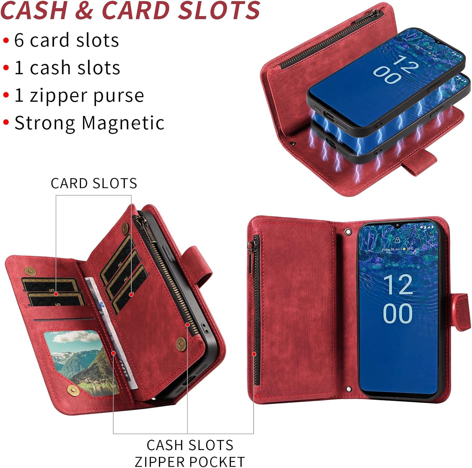 Asuwish Phone Case for Nokia G42 5G / Nokia G310 5G (6.56") Zipper Wallet Detachable Magnetic Cover with Screen Protector Crossbody Lanyard Shoulder Wrist NokiaG42 NokiaG310 Girls Women Red