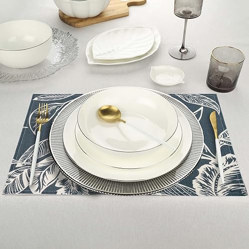 Miniatura 6 de Juego de 6 manteles individuales lavables de lino con hojas azules, resistentes al calor, resistentes a las manchas, de doble capa, absorbentes,