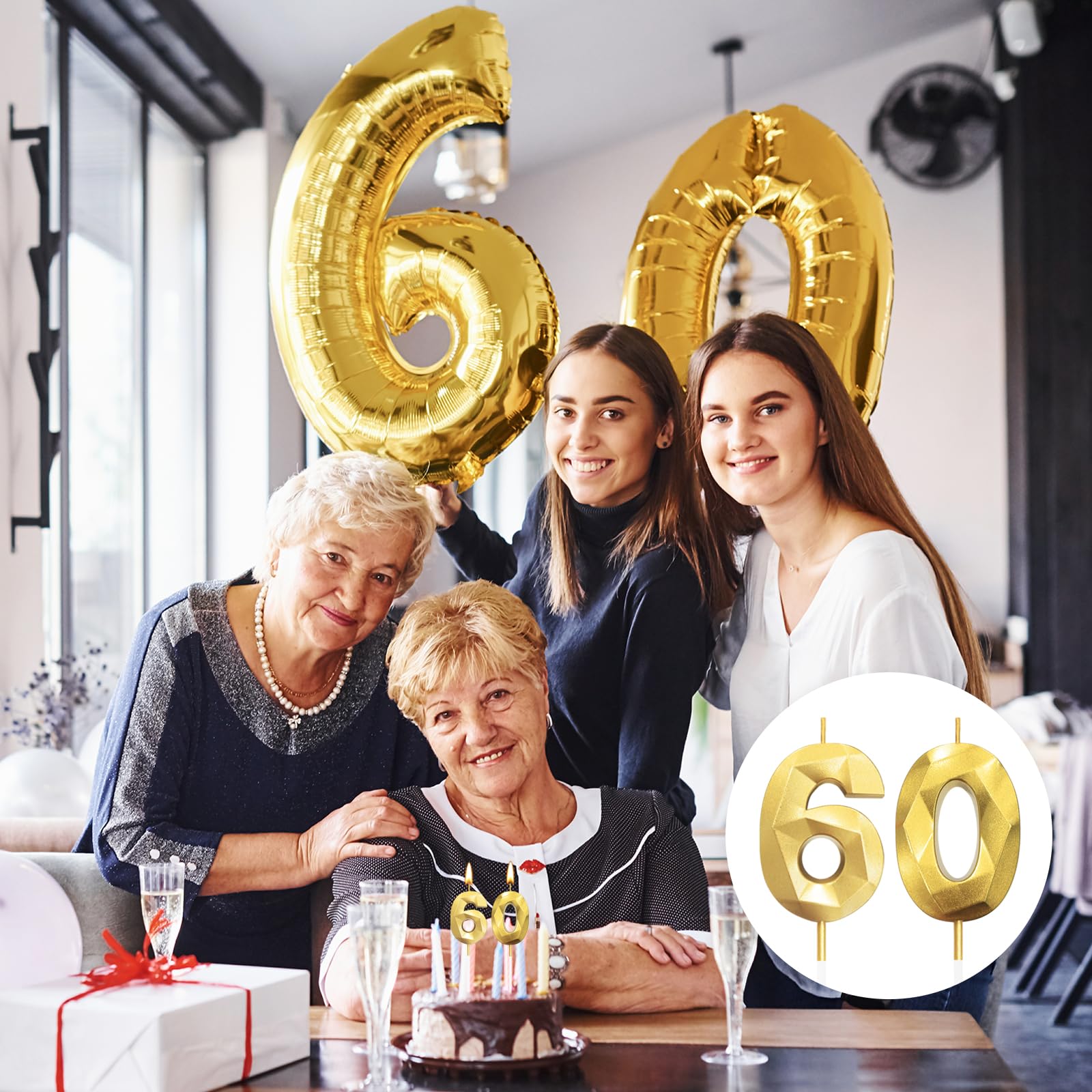 Bougies d'anniversaire 60 ans Doré 3D Décoration Gâteau Fête