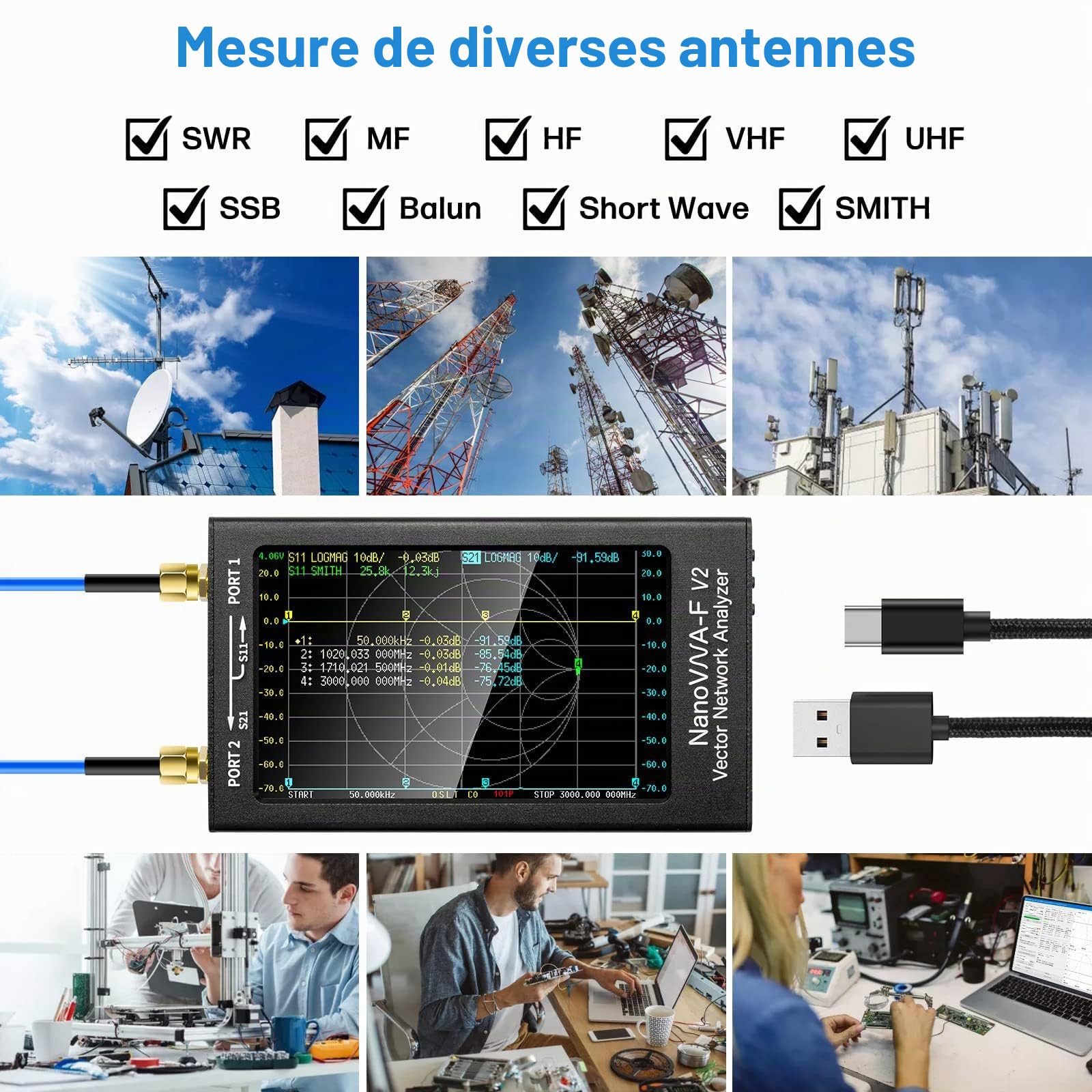 AURSINC NanoVNA-F V2 Analizzatore di Rete Vettoriale 50KHz-3GHz HF VHF UHF 4.3" Analizzatore di antenna - Misurazione dei Parametri S, Fase, Ritardo, Diagramma Smith