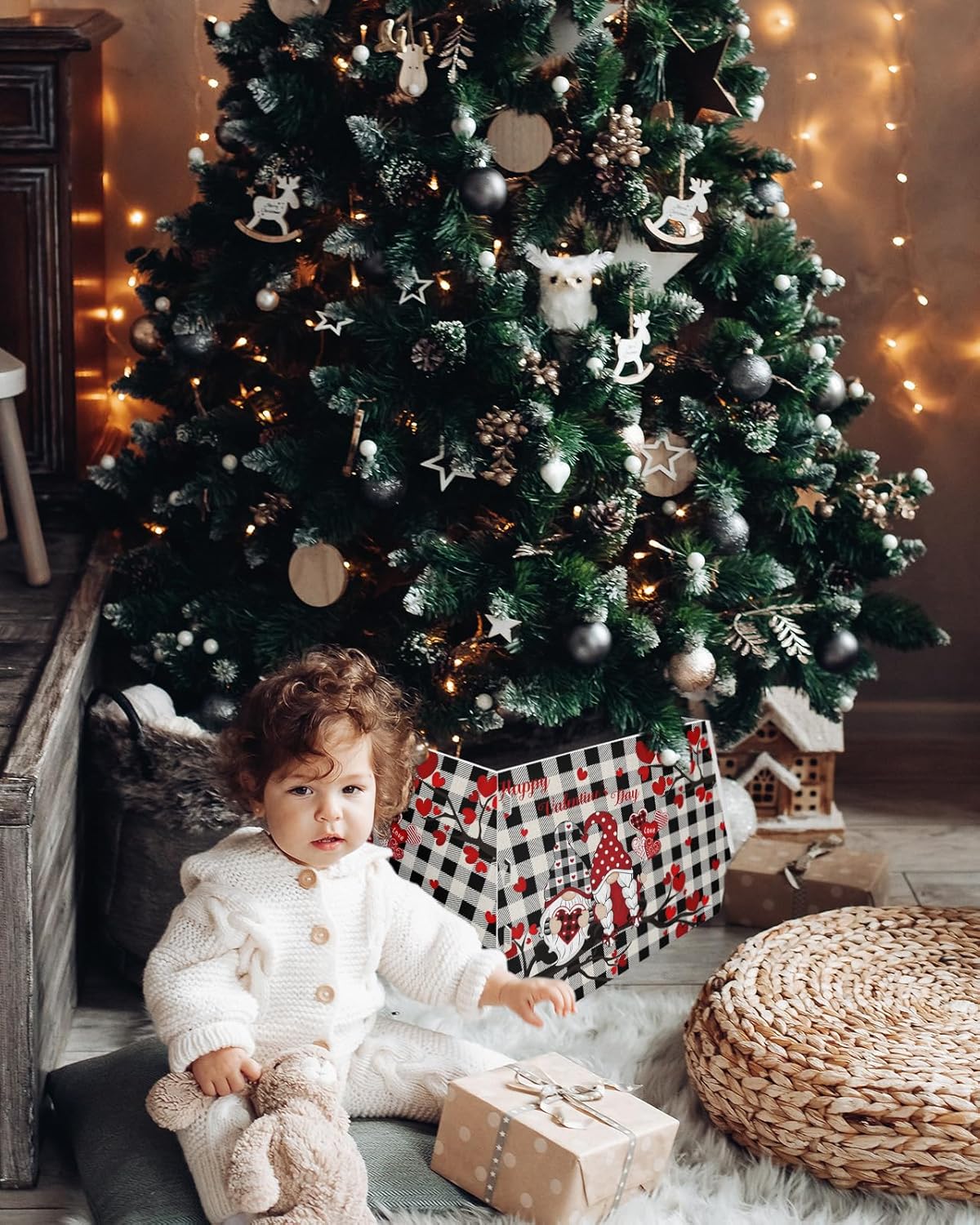 Christmas Tree Collar 4PCS-14.5"x 10", Christmas Tree Ring Valentine's Day Black and White Plaid Gnomes Love Tree Christmas Tree Stands Skirts Base Covers for Xmas Holiday Home Decor