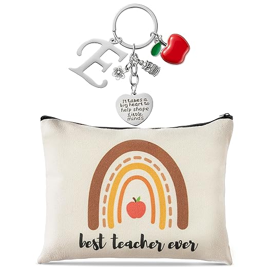 DGjianfei 2pcs Teacher Appreciation Gift Set Best Teacher Ever Makeup Pouch and Thank You Initial Letters Keychain Canvas Cosmetic Bag Zipper Pouch Thanksgiving Christmas Graduation Gift for Teacher