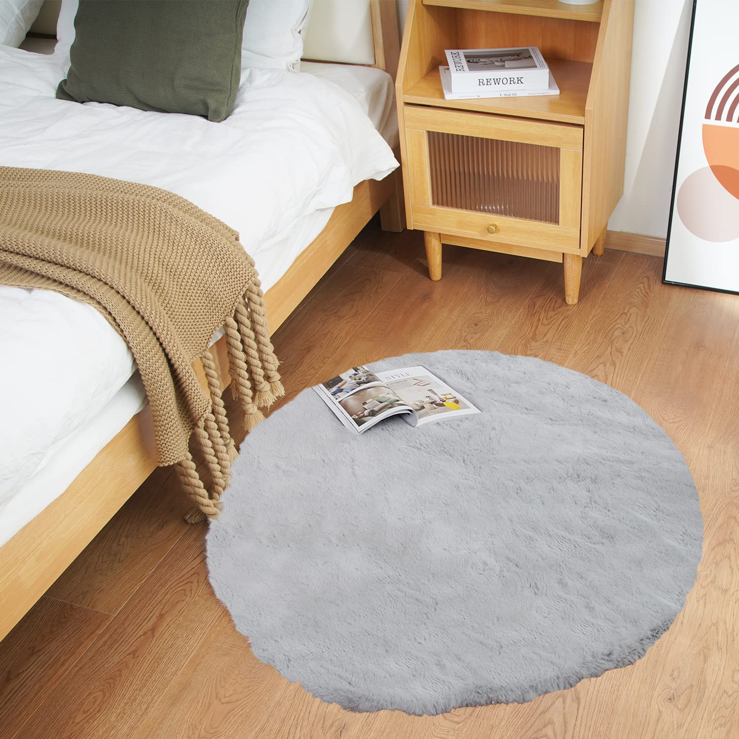 Ghouse Faux Tappetto di Pelle di Pecora Tappeto a Pelo Corto Lavabile Fluffy Uni Effetto Pelliccia Antiscivolo Facile da Pulire, Dimensione: Tondo 90 cm, Colore: Grigio