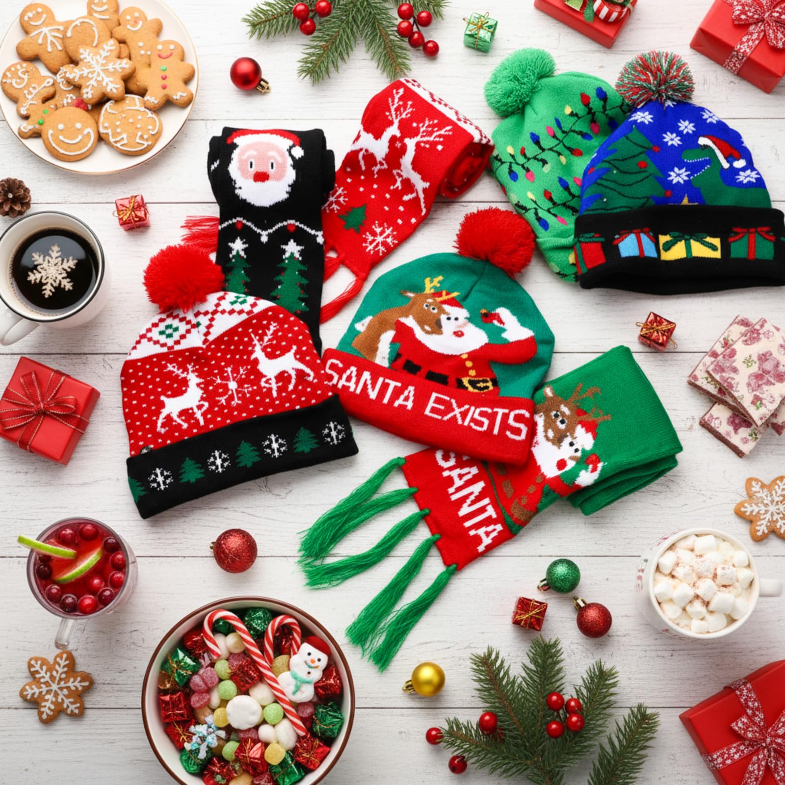 Twistover Weihnachtliches LED-Schal und Beanie-Set inklusive leuchtender Mütze, bunte LED-Weihnachtsmütze, Urlaubs-Schal für Erwachsene und Kinder