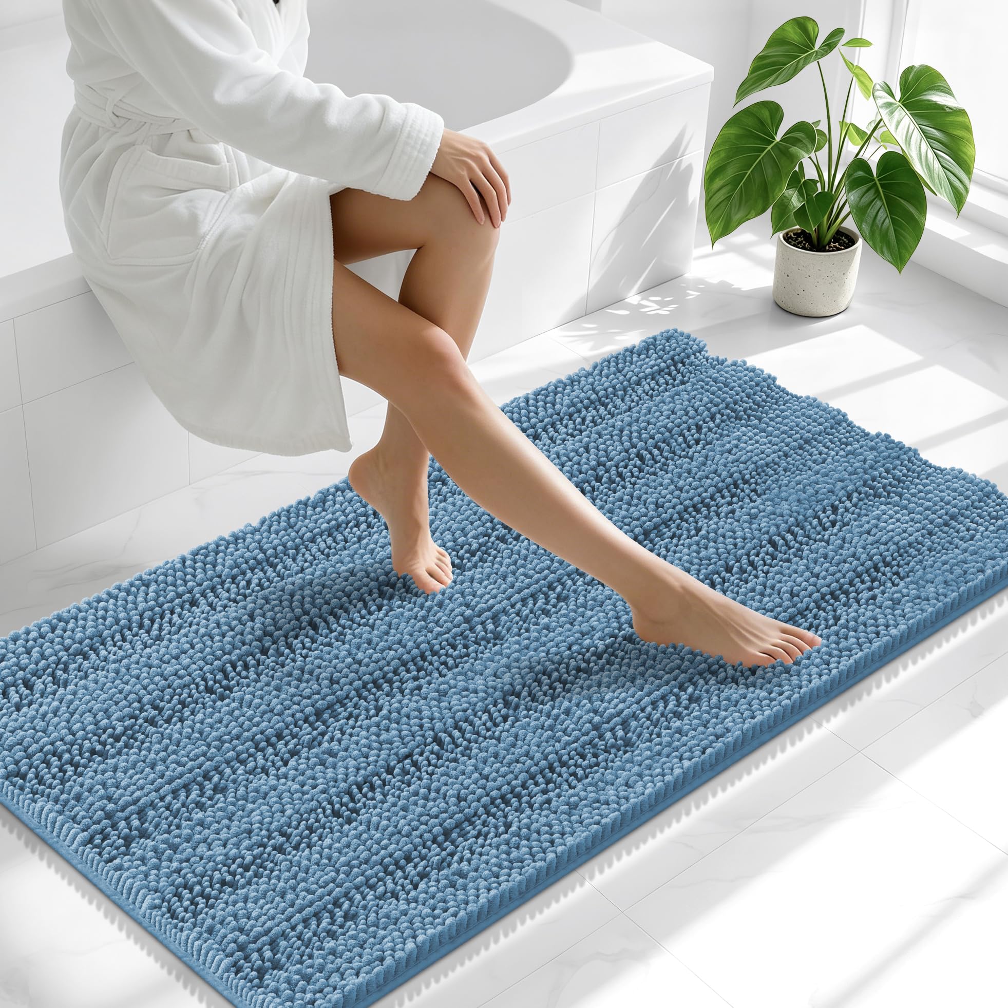 Smiry Thick Chenille Bathroom Runner Rugs 47x24, Soft Bath Mat, Airy Blue