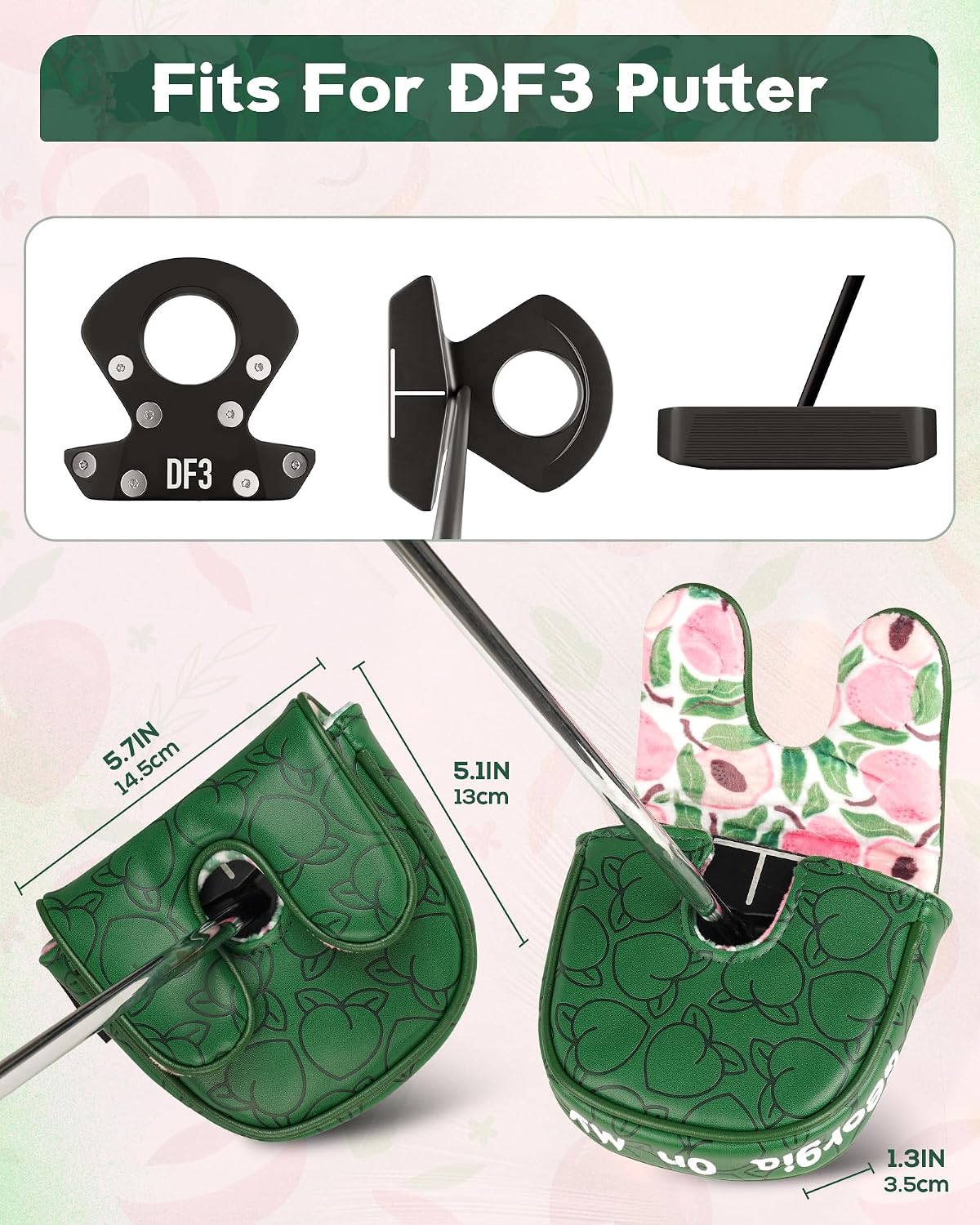 Big Teeth Golf Putter Cover Blade, Df3 Putter Cover for L.A.B. Df3 Golf Putter Headcover “Georgia On My Mind” Masters Theme Df3 Putter Headcover Magnetic Closure Green Peaches, Azaleas