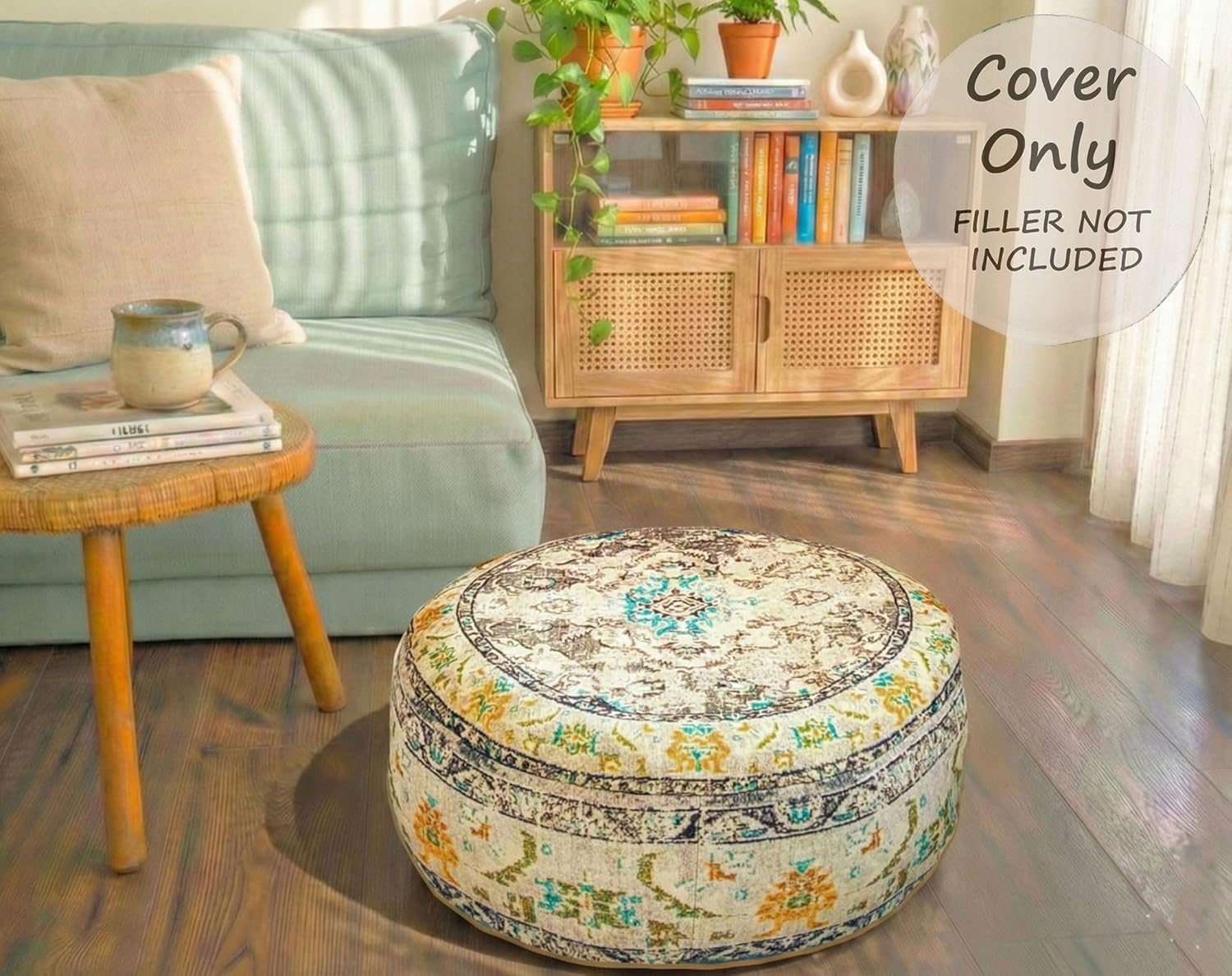 Mandala Life ART Bohemian Floor Cushion Cover Gray Round Meditation Pillow Case Boho Chic Pouf Ottoman Perfect Vintage Cushion for Living Room, Bedroom, Nursary or Children Room Cotton 24x8 Unstuffed