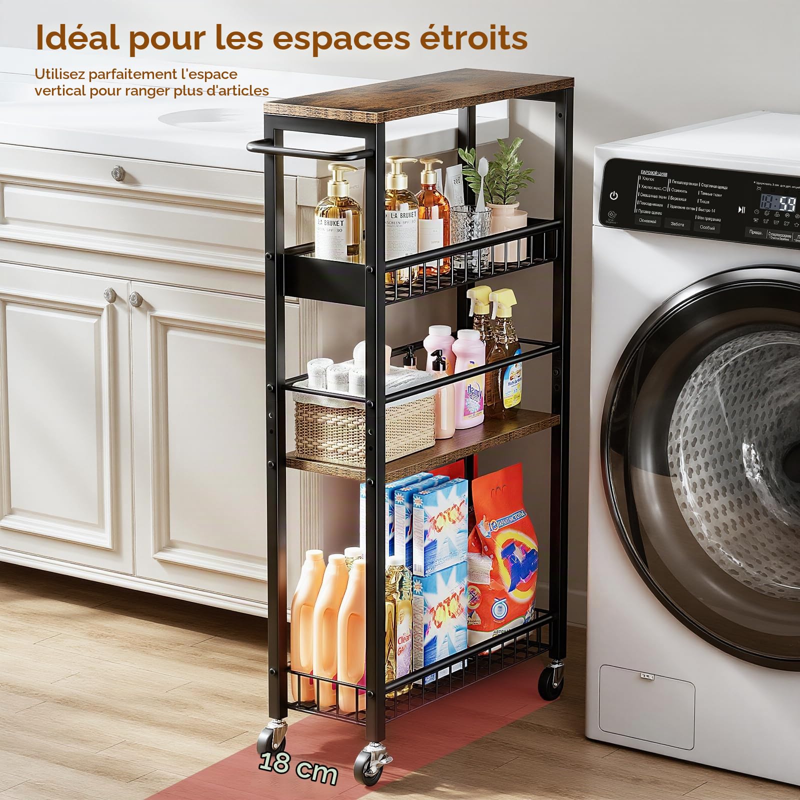 Chariot de Rangement Étroit à roulettes, Petit Chariot à 4 Niveaux avec Poignée, Profondeur 7,1 Pouces, Hauteur Réglable, Étagère Mobile pour Cuisine, Salle de Bain, Buanderie, Noir + Marron