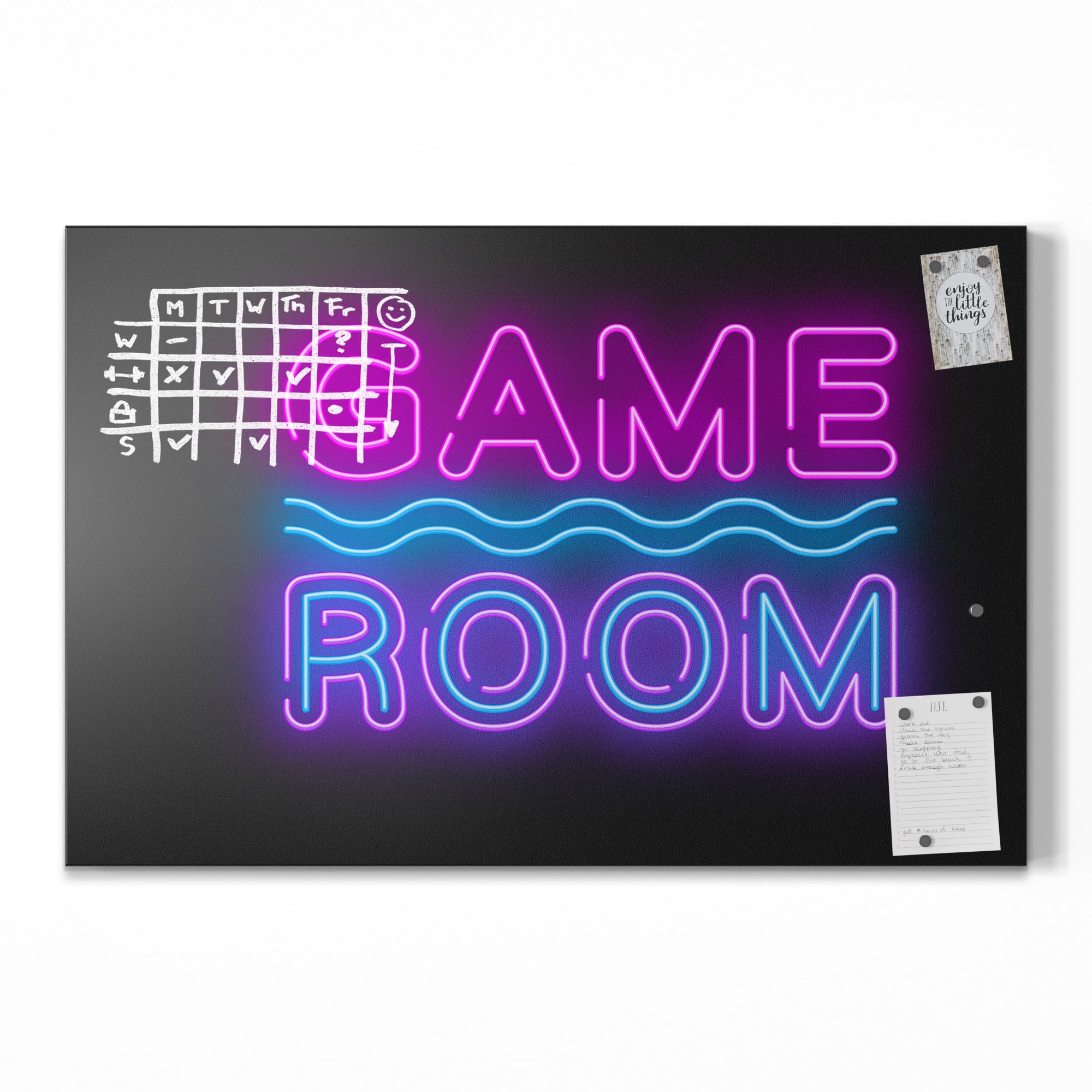 DEQORI Pizarra magnética con impresión UV | diseño "Neon Game Room" | diseño rectangular de 90 x 60 cm | tiza pizarra metálica se puede escribir – Decoración de pared para cocina, pasillo, habitación