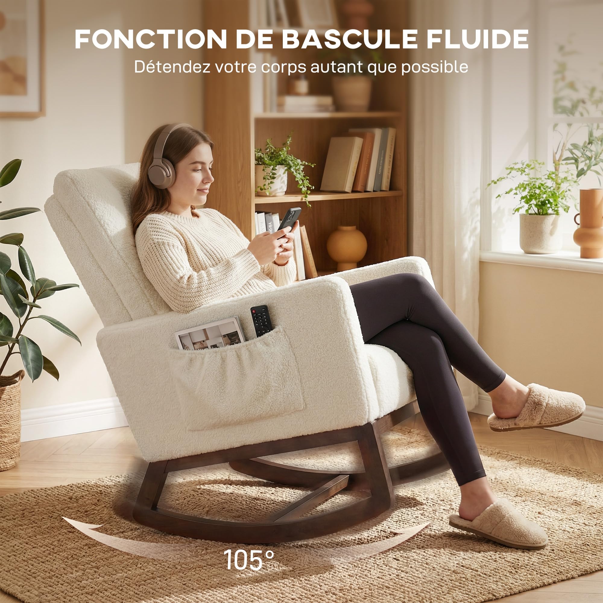 HOMCOM Fauteuil à Bascule, Rocking Chair en Flanelle Neige, Chaise à Bascule rembourrée avec Coussin Lombaire, Dossier Haut, Poches latérales et Base en Bois d'hévéa, pour Salon, Chambre, crème