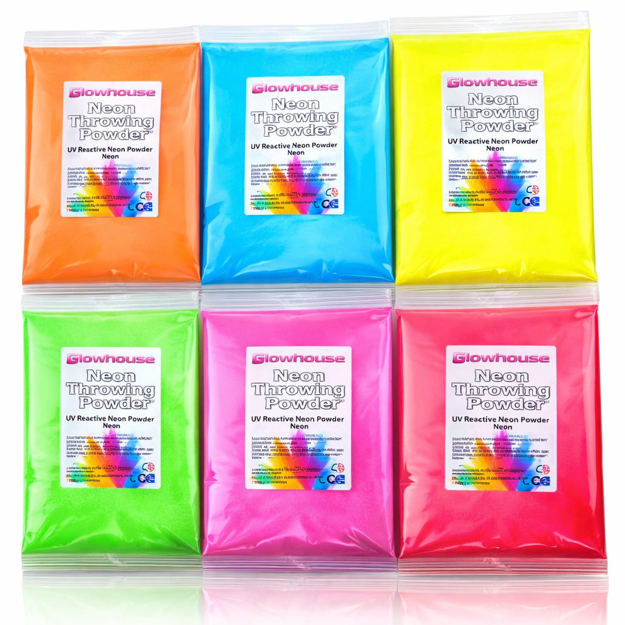 Neon Holi Polvere 100g Confezione 6 Pack UV Reactive Glow sotto la luce nera, Gulal polvere holi festival
