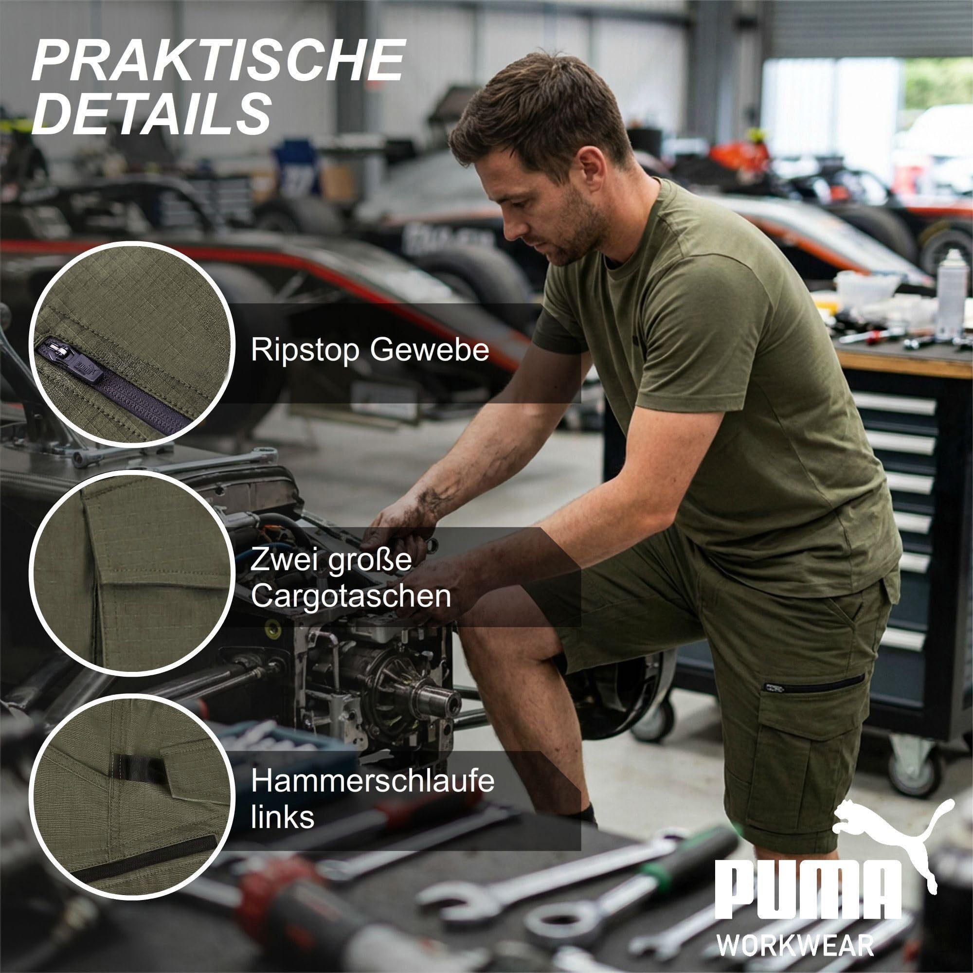 PUMA Workwear krótkie spodenki robocze męskie – wytrzymałe szorty ze stretchem i tkaniną Ripstop – gumka w pasie – podwyższona część tylna – szlufka na ramię – pokrowiec na telefon komórkowy
