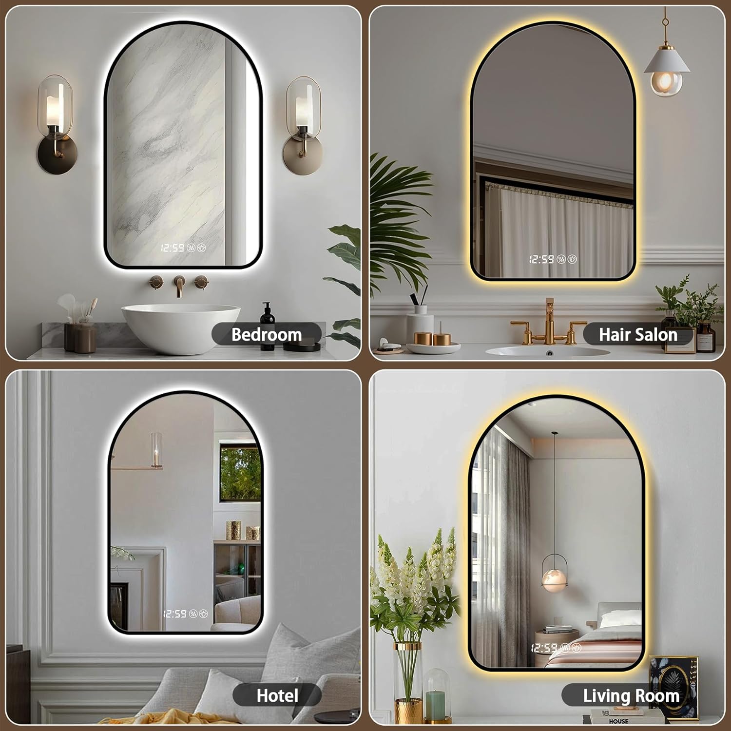 32x60 Inch Arched LED Bathroom Mirror with Anti-Fog, Time & Temperature Display, Dimmable Backlight, 3 Color Temperatures, Aluminum Frame for Vanity(32"x60")