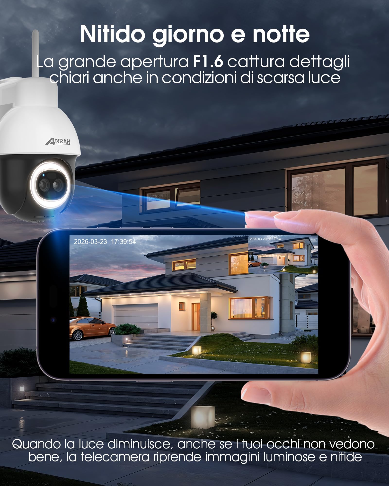 ANRAN 5MP+3MP 24/7 AOV Telecamera Wi-Fi Esterno Senza Fili | Tracciamento Automatico, Rilevamento AI, 8W Pannello Solare, 360° PTZ Videocamera, IP66