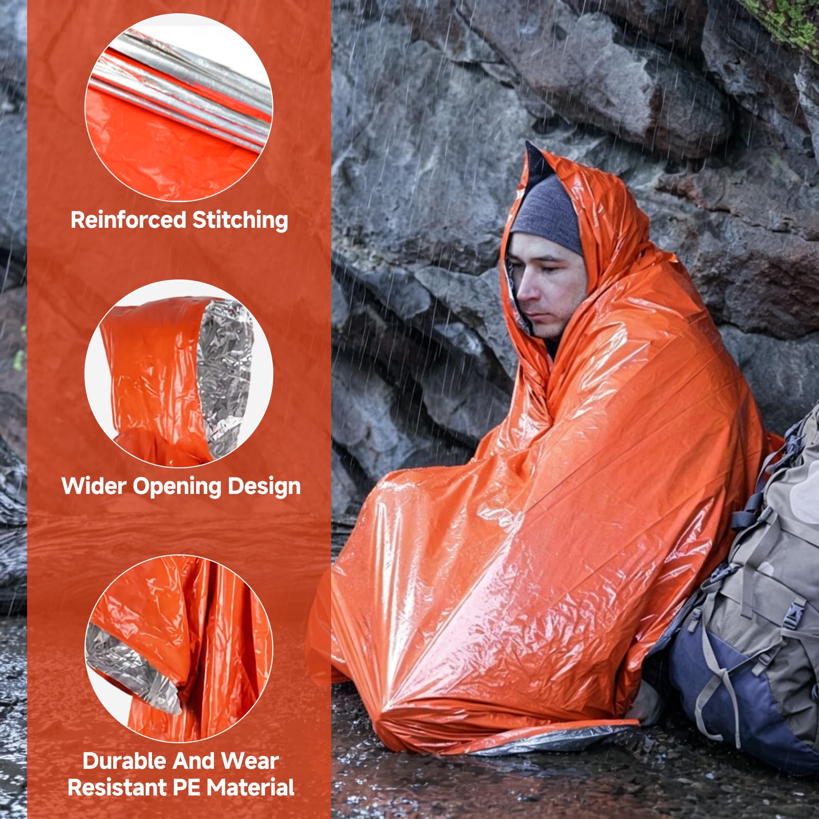 4 Piezas Poncho de Supervivencia, para Camping, Senderismo, Viajes y Primeros Auxilios, Manta Térmica de Emergencia Impermeable y Reversible con Capucha, Retiene el Calor