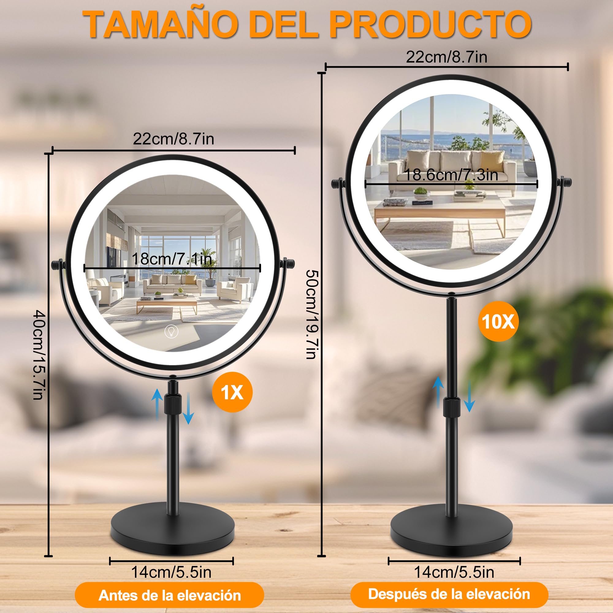 Espejo de Maquillaje de Doble Cara de Altura Ajustable con Luz, 3 Colores de Luz LED e Interruptor Táctil, para Cuidado Personal y Maquillaje (10X)