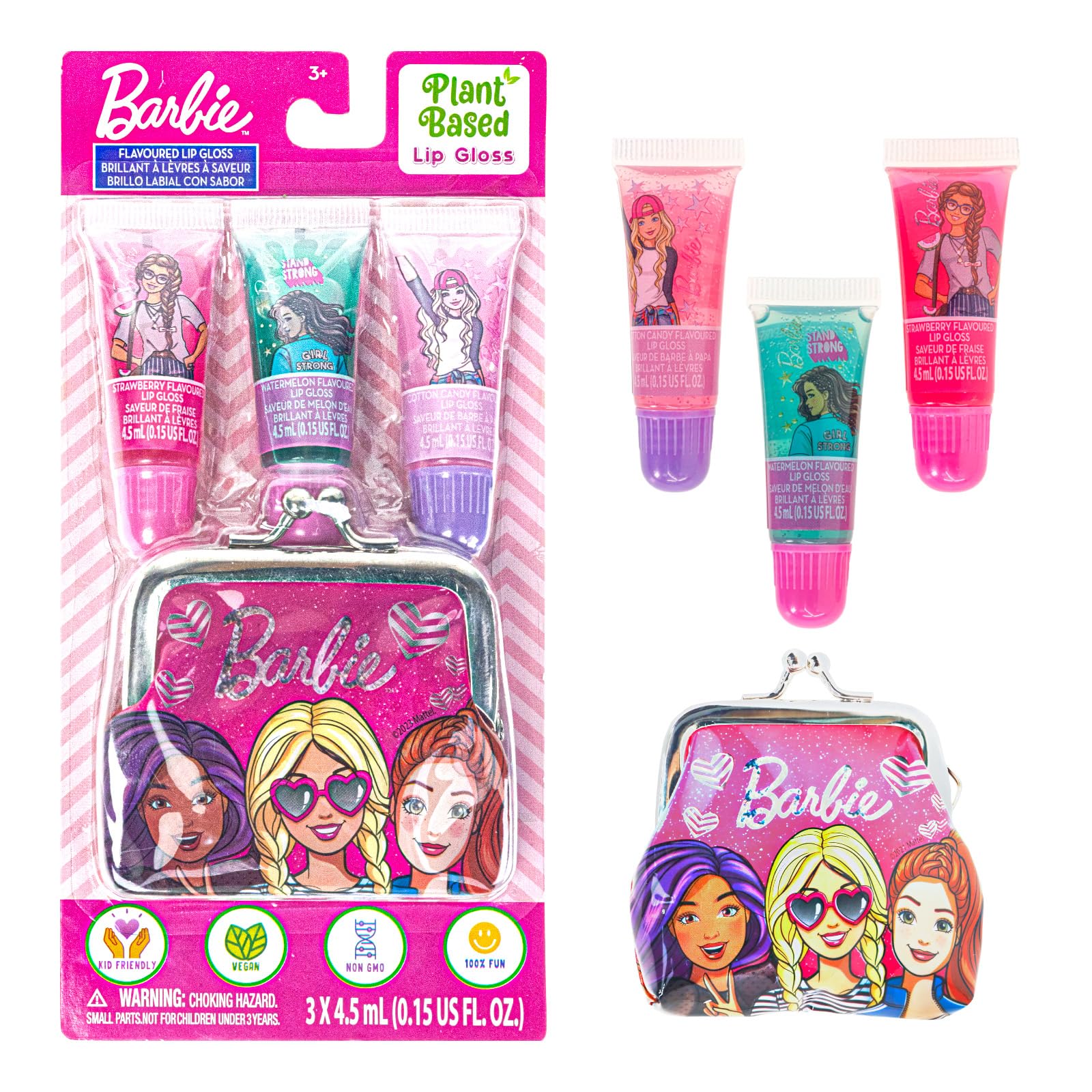Barbie – Townley Girl Plant-Based 3Pcs Juicy Tube with Granny bag Makeup Cosmetic Set for Kids and Girls, Ages 3+, Perfect for Parties, Sleepovers & Makeovers, Multicolor