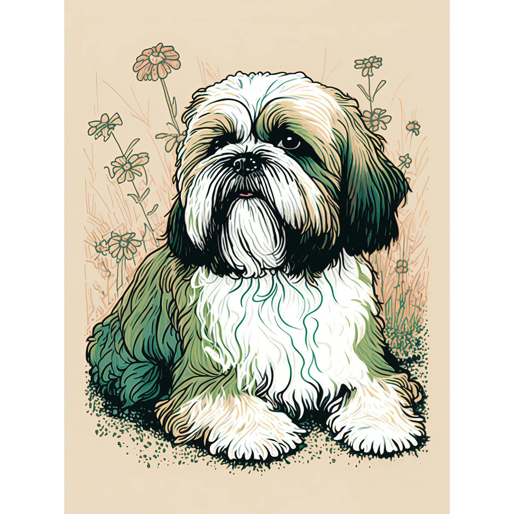 Artery8 Shih Tzu Dog with Daisies Modern Multicoloured Linocut Illustration Extra Large XL Wall Art Poster Print