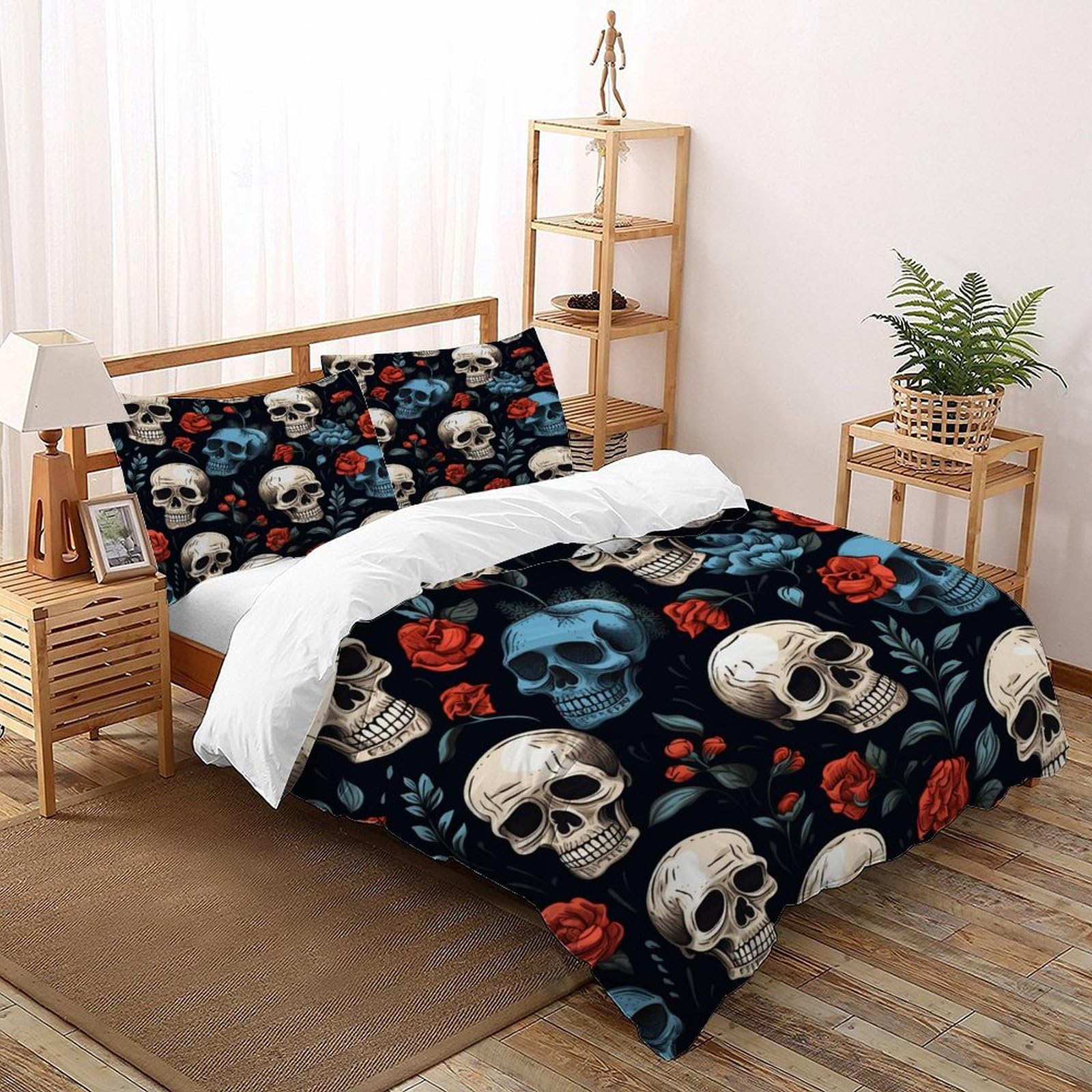 Housse de couette gothic skull parure de lit 200x200cm microfibre 2 pièces