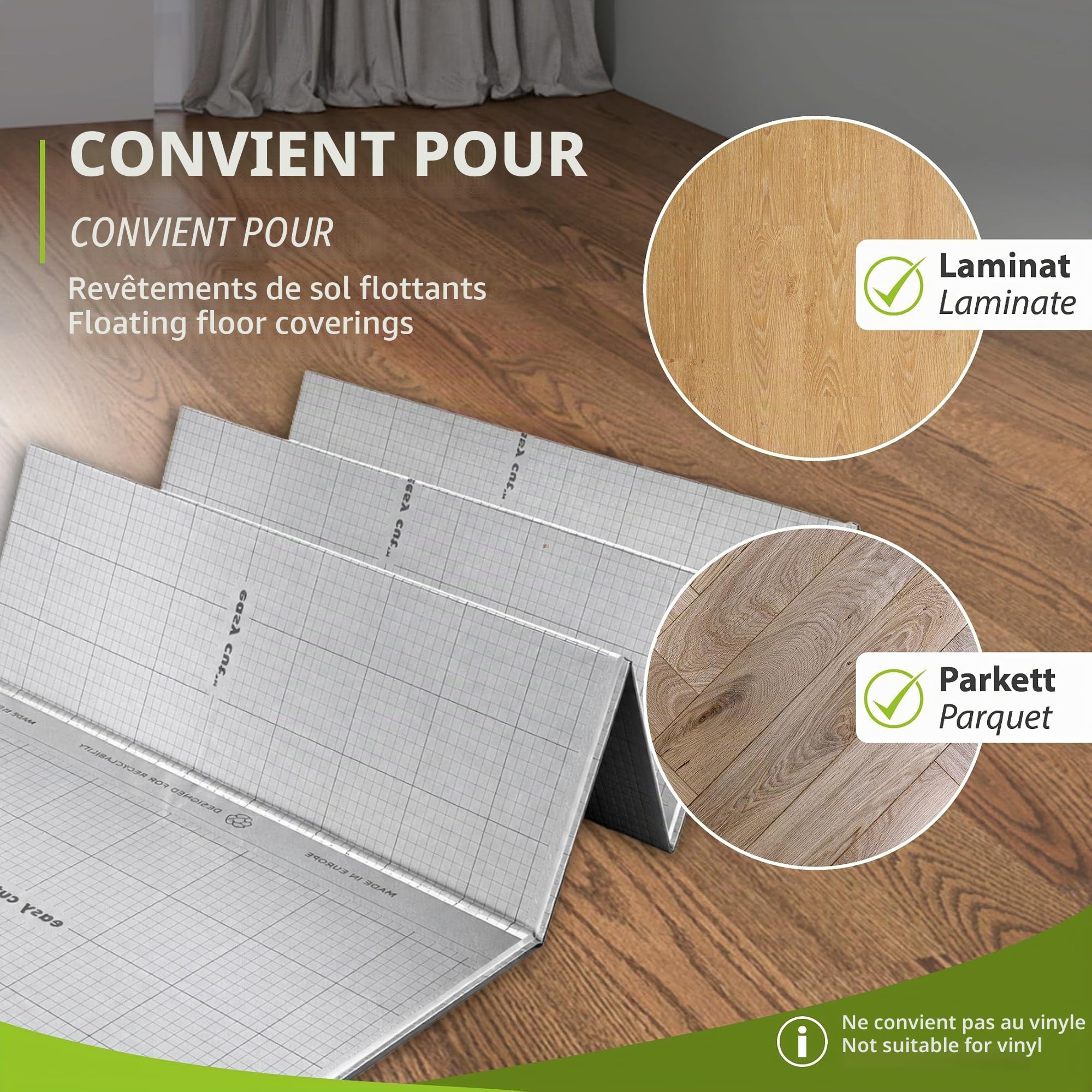 55 m² d'isolation phonique 5 mm avec AquaStop, tapis de pose pour parquet et stratifié, sous-couche de film chauffant idéal pour chauffage au sol électrique, haute résistance à la pression