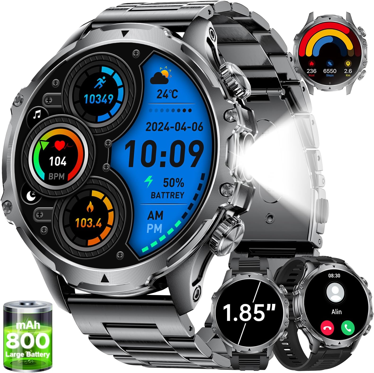 LIGE Smart Watch for Men with 800 mAh/LED Flashlight, 1.85'' Smartwatch with Bluetooth Call/30+ Days Standby/Health Monitor, Waterproof Sport Tactical Military Fitness Tracker Watch for Android iOS