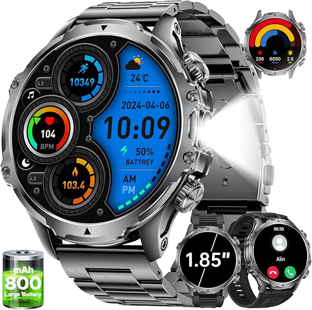 LIGE 1,85" Smartwatch Uomo con Torcia LED/800mAh, Chiamata Bluetooth, Impermeabile 5ATM, 110+ modalità Sportive, Cardiofrequenzimetro SpO2 e Sonno Smart Watch Militare per iOS Android, FV15-D