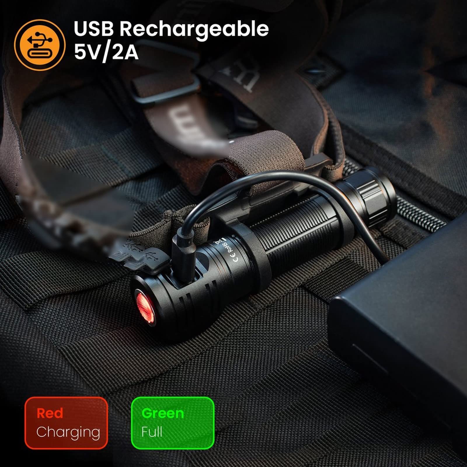 Akumulatorowa latarka czołowa, latarka czołowa USB C, akumulatorowa latarka czołowa 18650, superjasna dioda LED, 2000 lm, latarka z 2 trybami, wskaźnik zasilania