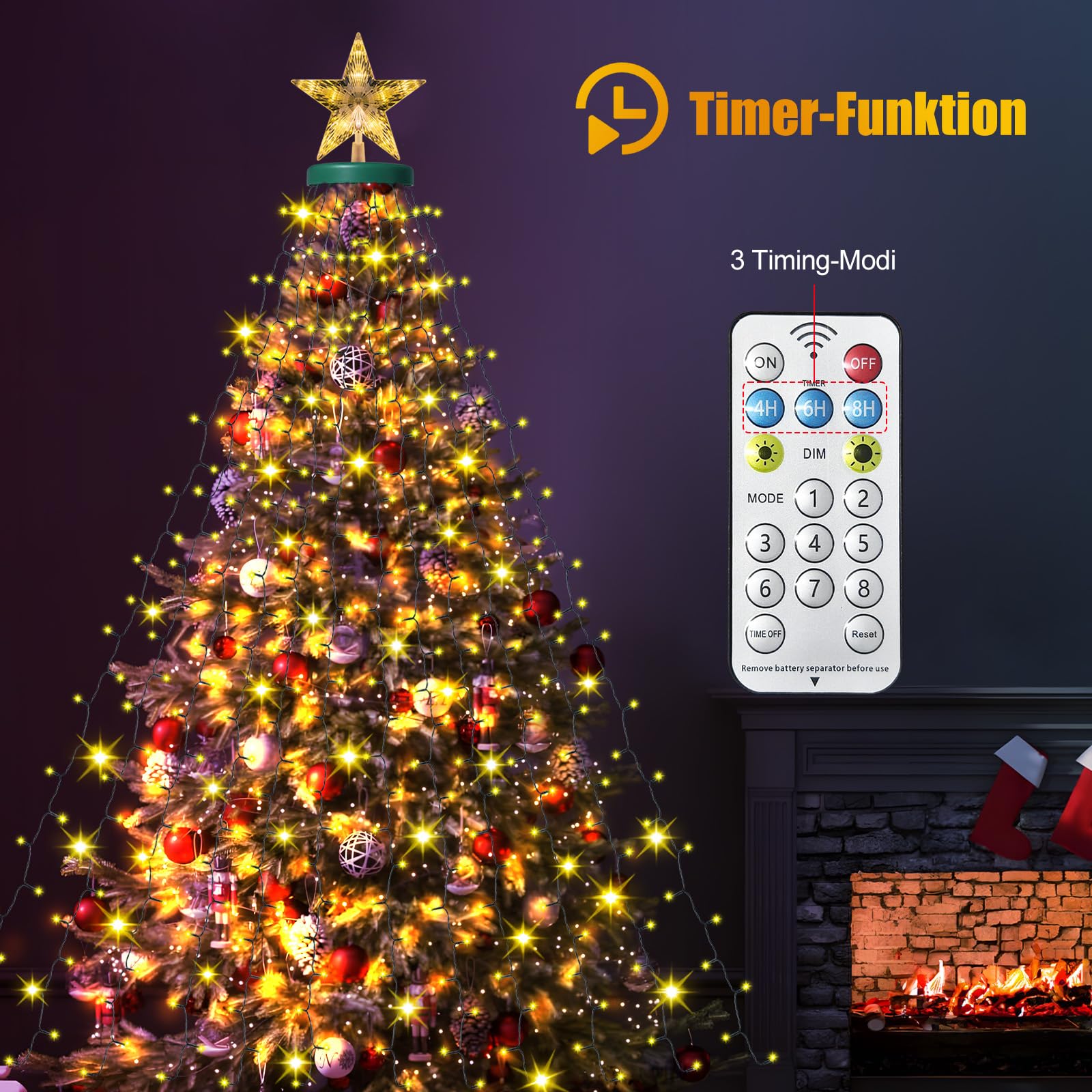 HELESIN 410 luci a LED a energia solare, per albero di Natale con stelle, 8 modalità, timer ricaricabile, impermeabile, con anello da 150 a 250 cm, per interni ed esterni, multicolore