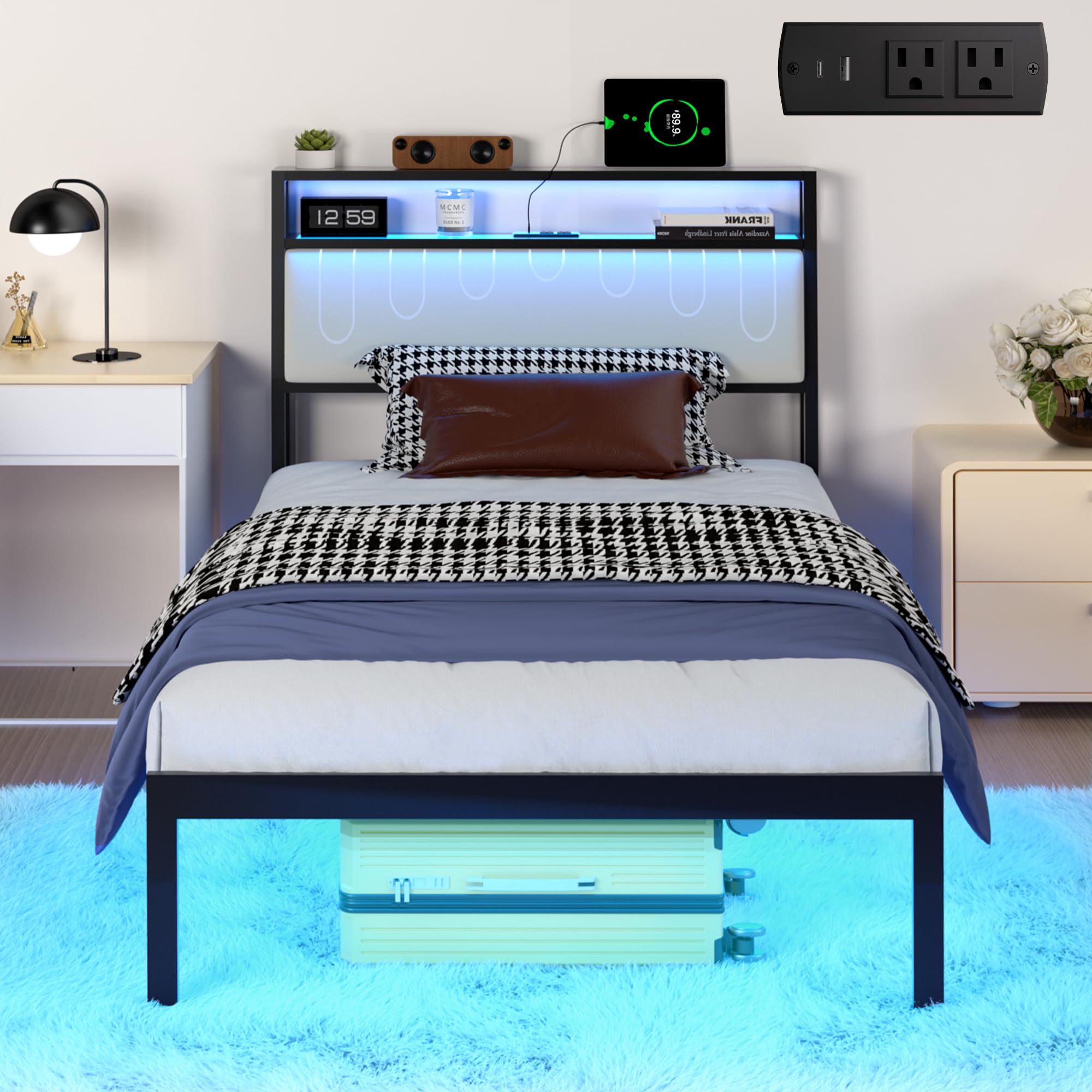 Twin Bed Frames with headboard, Metal Platform Frame with LED Lights & Charging Station, No Box Spring Needed, Noise Free, Easy Assembly