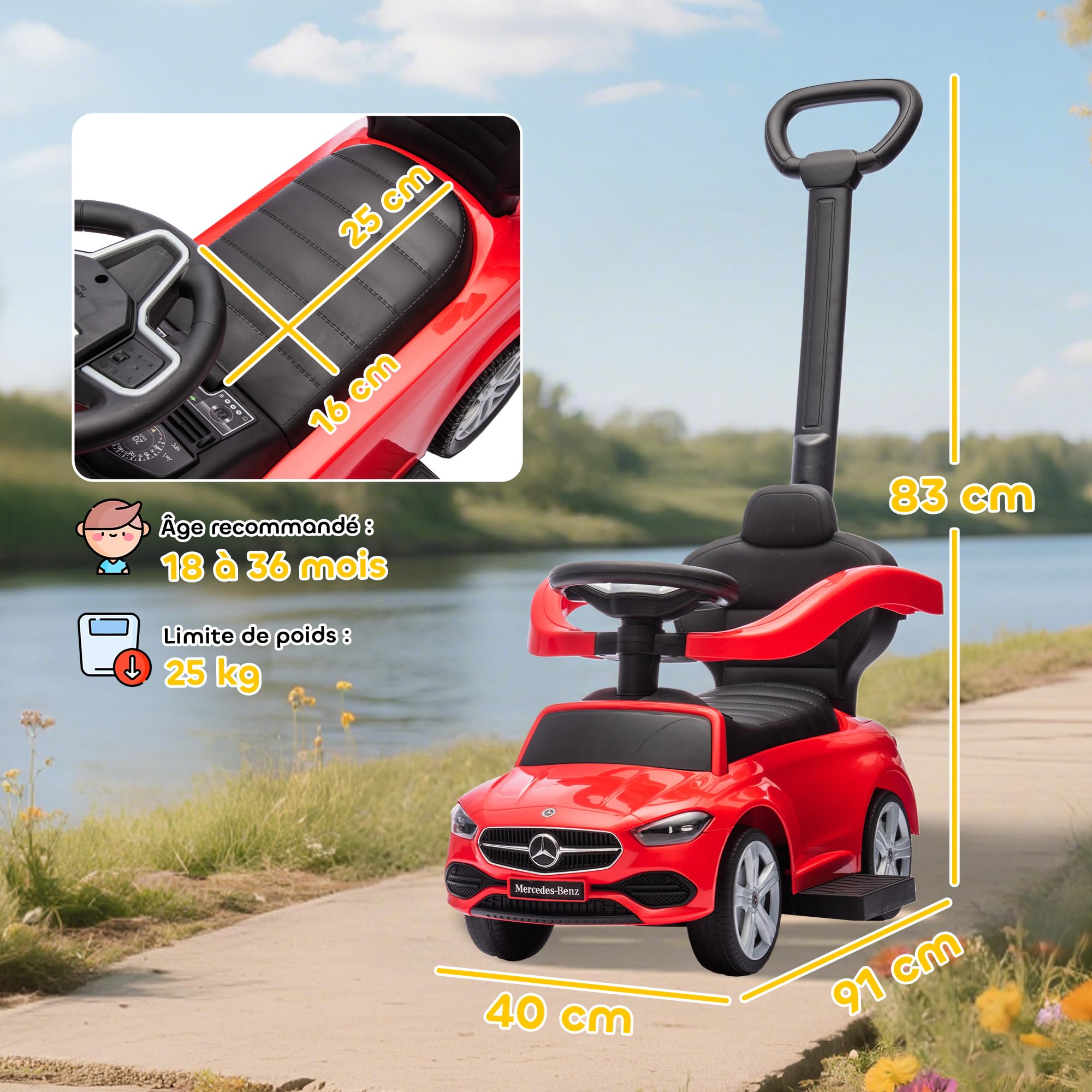 AIYAPLAY Portabebés Mercedes-Benz con Licencia, portabebés 2 en 1 con asa extraíble, pasamanos, Espacio para Guardar Cosas, claxon y Volante, para niños de 18 a 36 Meses, Rojo