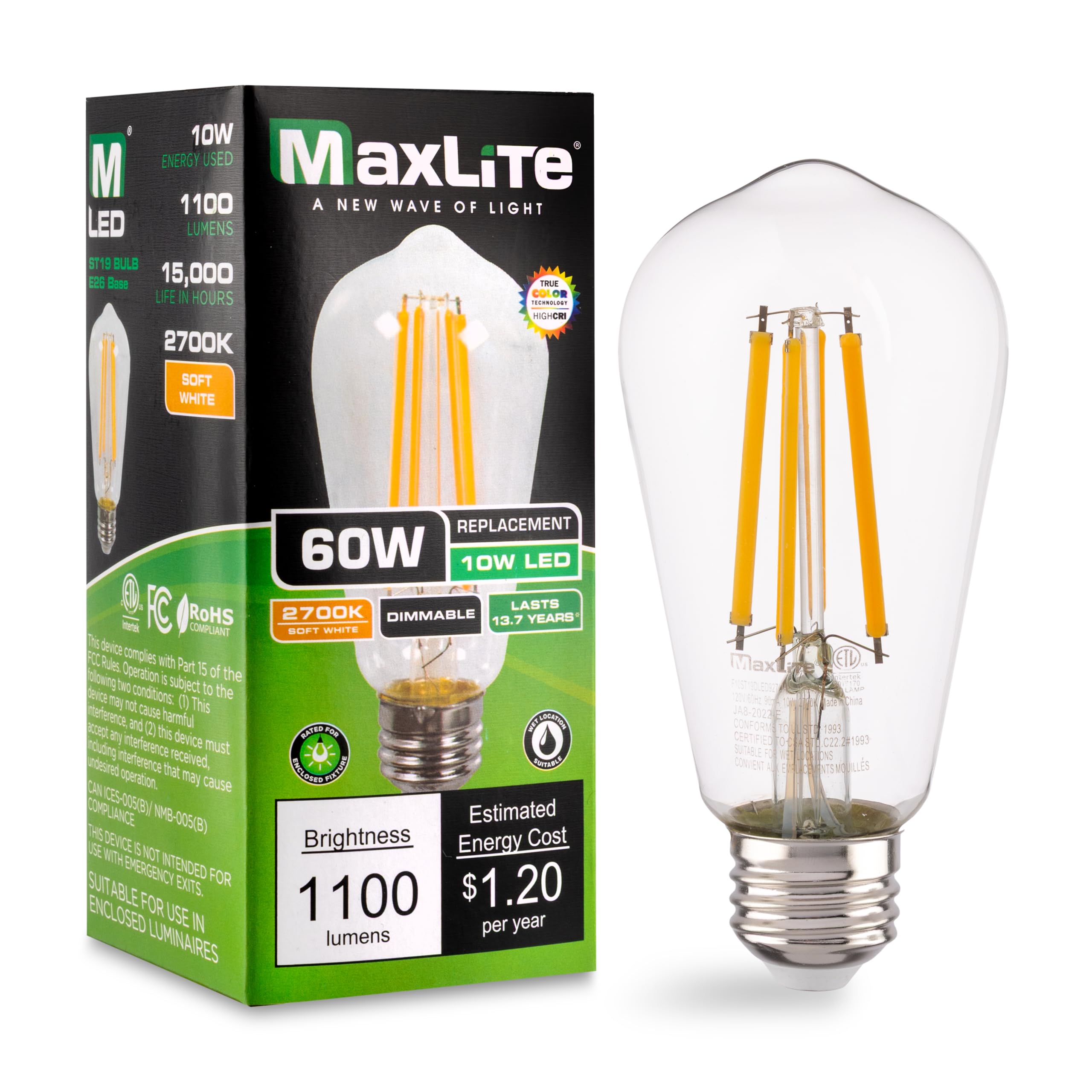 Maxlite F10ST19DLED927/JA81 10W ST19 Dimmable LED Bulb Enclosed